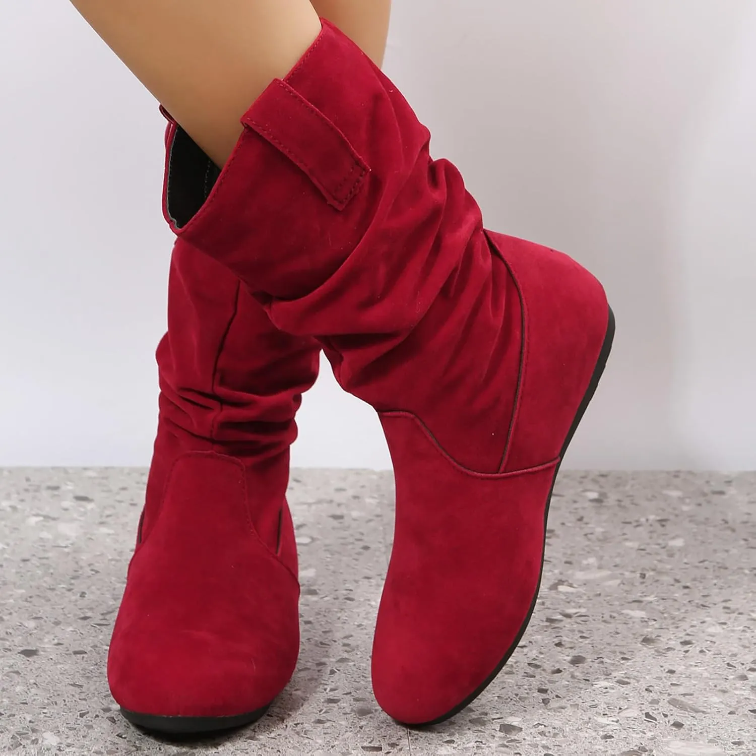 Ladies Fashion Solid Colour Simple Round Toe Suede Flat Bottom Sleeve Mid Calf Boots Boots Socks for Women Mid Calf, 6.5