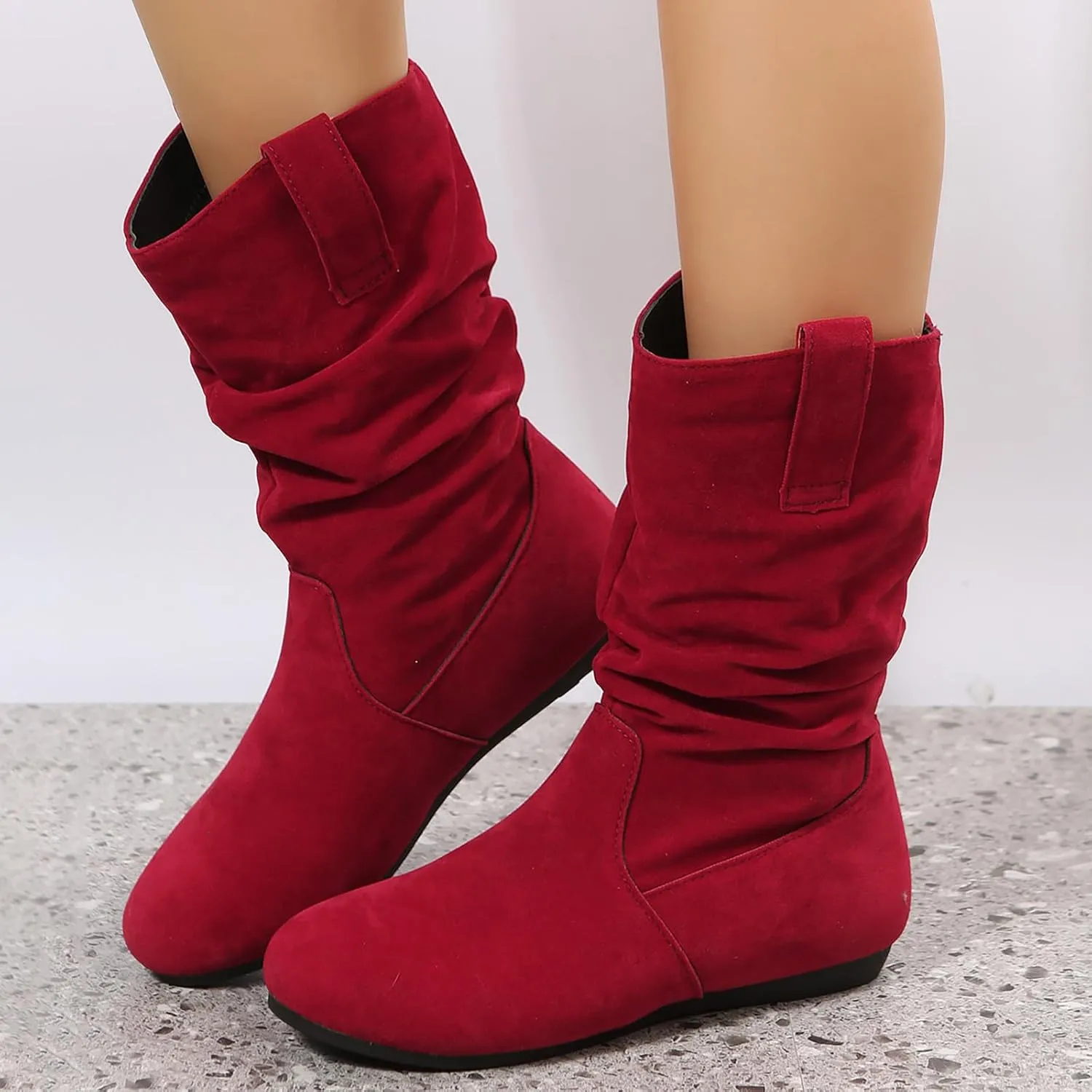 Ladies Fashion Solid Colour Simple Round Toe Suede Flat Bottom Sleeve Mid Calf Boots Boots Socks for Women Mid Calf, 6.5