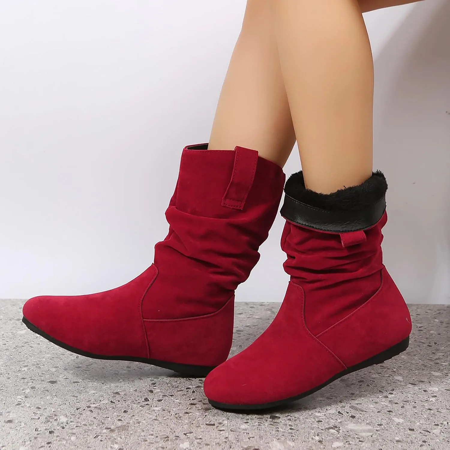 Ladies Fashion Solid Colour Simple Round Toe Suede Flat Bottom Sleeve Mid Calf Boots Boots Socks for Women Mid Calf, 6.5