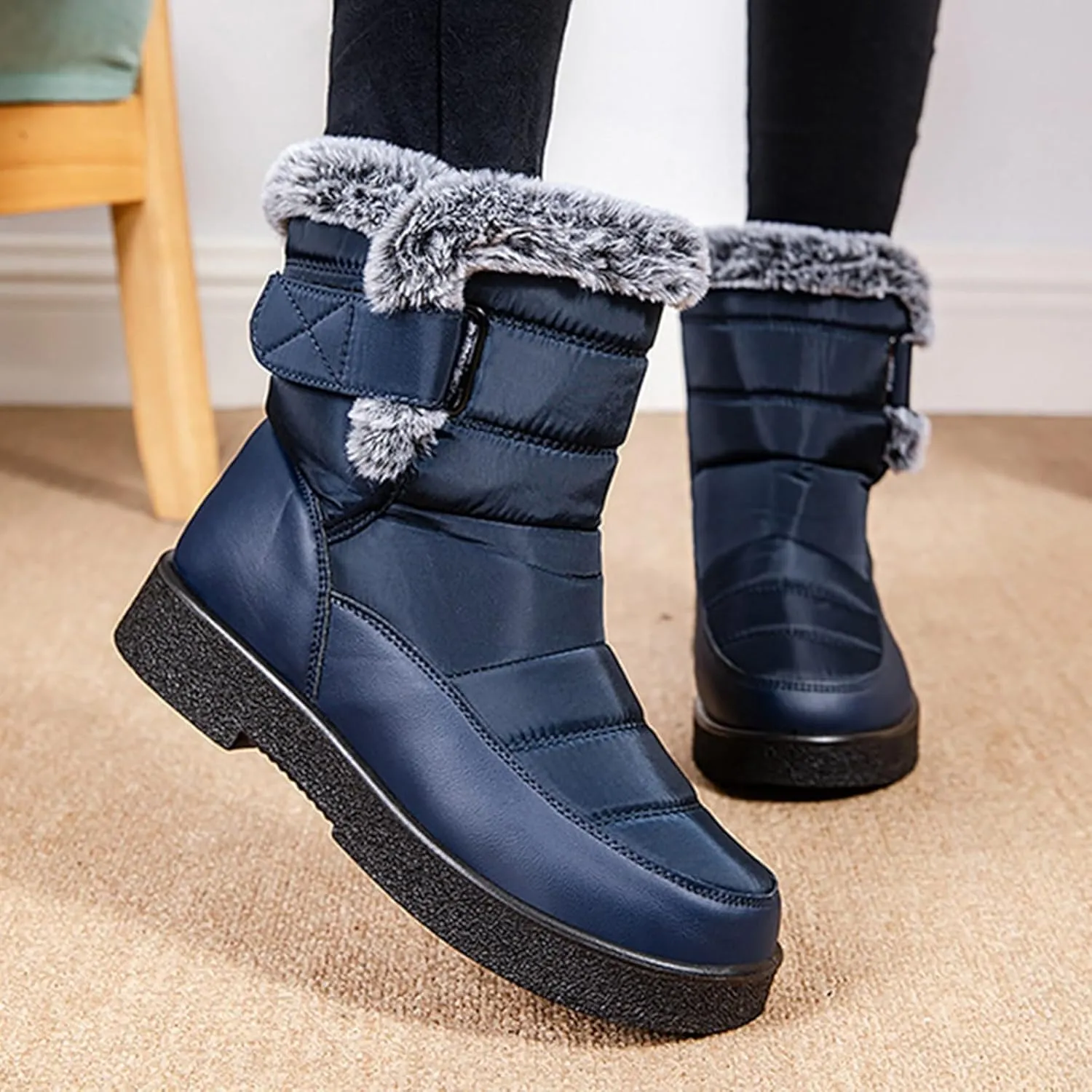 Ladies Fashion Winter Plush Insulation Solid Leather Thick Heeled Snow Boots W0mens Winter Boots Mid-Calf Booties