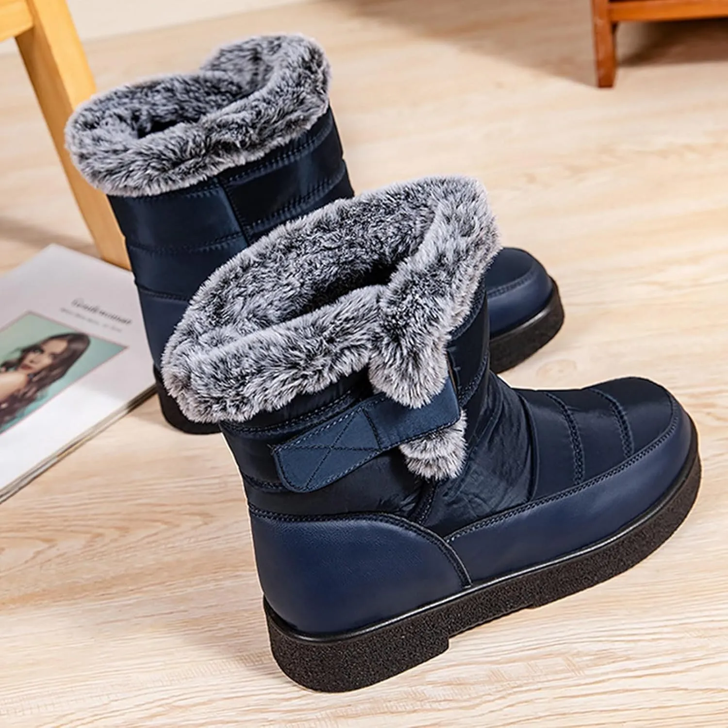 Ladies Fashion Winter Plush Insulation Solid Leather Thick Heeled Snow Boots W0mens Winter Boots Mid-Calf Booties
