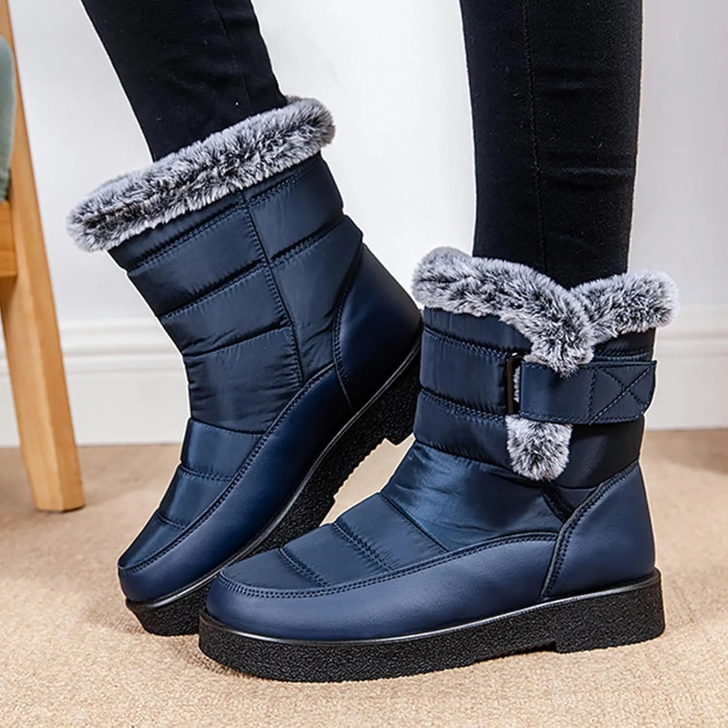 Ladies Fashion Winter Plush Insulation Solid Leather Thick Heeled Snow Boots W0mens Winter Boots Mid-Calf Booties