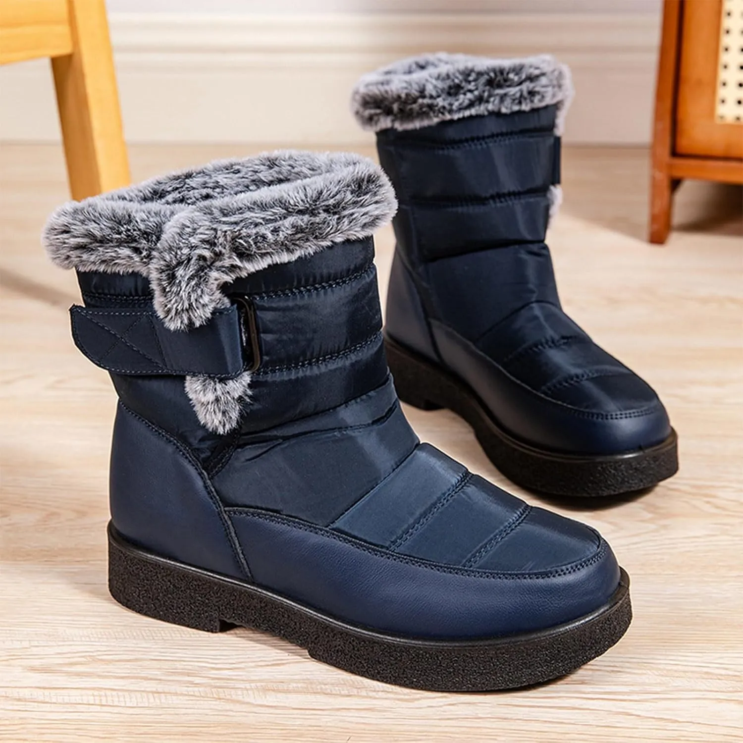 Ladies Fashion Winter Plush Insulation Solid Leather Thick Heeled Snow Boots W0mens Winter Boots Mid-Calf Booties