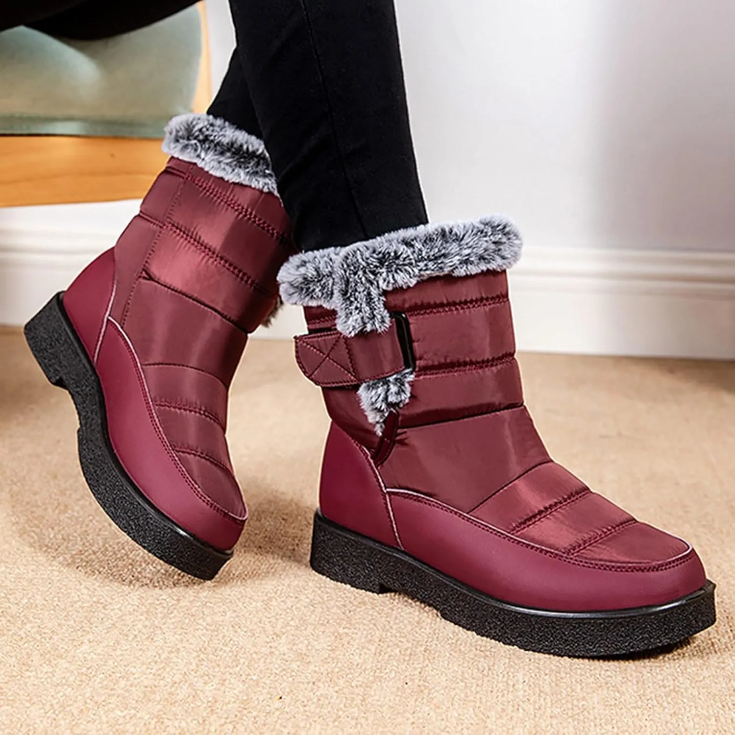 Ladies Fashion Winter Plush Insulation Solid Leather Thick Heeled Snow Boots Winter Womens Boots Size 11