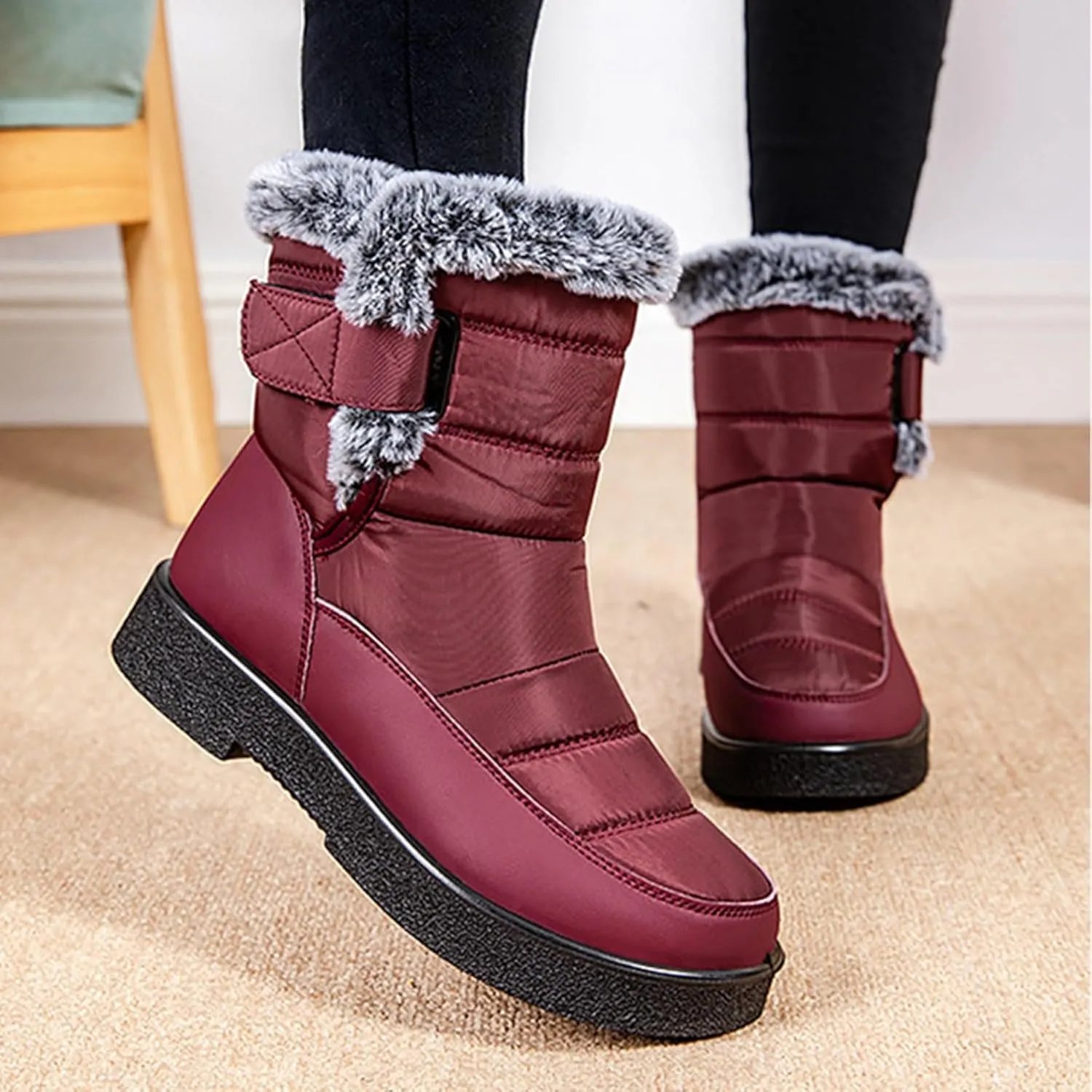 Ladies Fashion Winter Plush Insulation Solid Leather Thick Heeled Snow Boots Winter Womens Boots Size 11