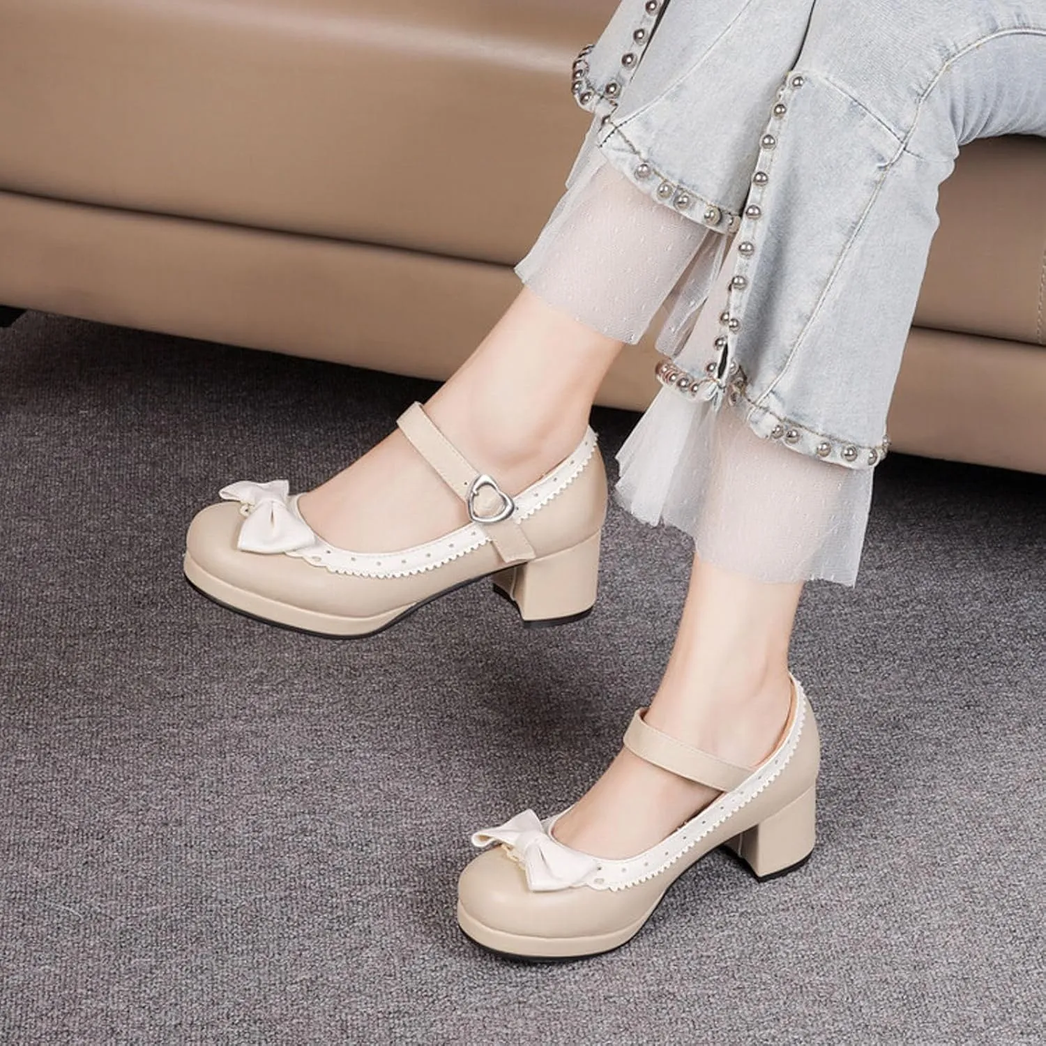 Ladies Retro Shoes Chunky Heel Mary Jane Shoes Bowknot College Style Large Size Square Toe Heels Sandals Woman Sandal