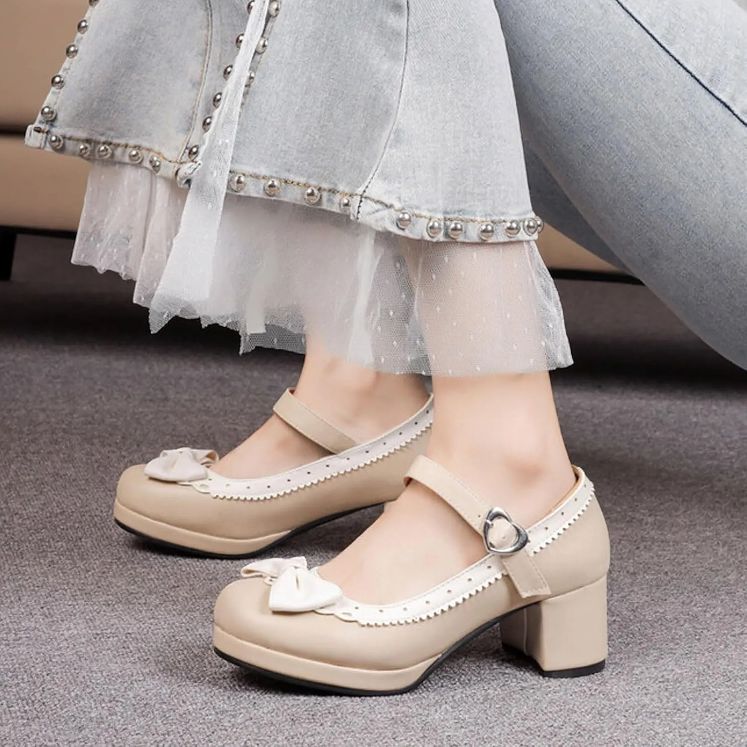 Ladies Retro Shoes Chunky Heel Mary Jane Shoes Bowknot College Style Large Size Square Toe Heels Sandals Woman Sandal