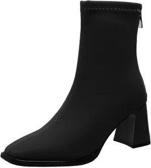 Ladies Simple Solid Color Comfortable Chunky Heel Mid Calf Square Toe Stretch Sleeve Toe Large Buckle Boots Platform (Black, 7.5)