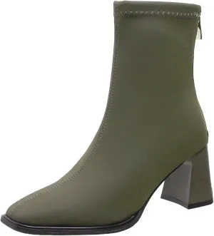 Ladies Simple Solid Color Comfortable Chunky Heel Mid Calf Square Toe Stretch Sleeve Toe Large Buckle Boots Platform (Green, 7)