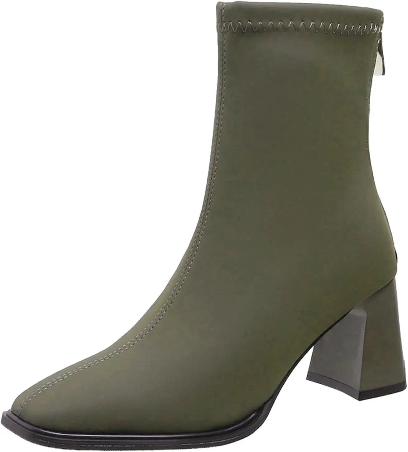 Ladies Simple Solid Color Comfortable Chunky Heel Mid Calf Square Toe Stretch Sleeve Toe Large Buckle Boots Platform (Green, 7)