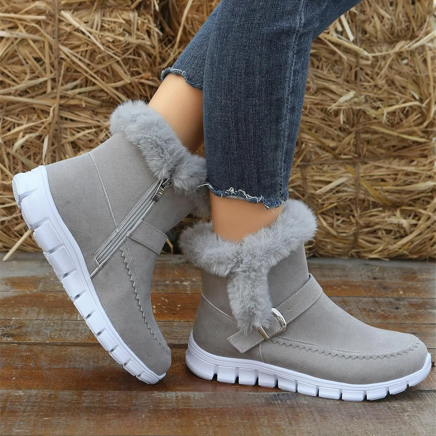 Ladmiple Boots For Women Ankle Booties Winter Snow Boots Slip on Warm Comfortable Outdoor Fur Lined Walking Loafers Shoes