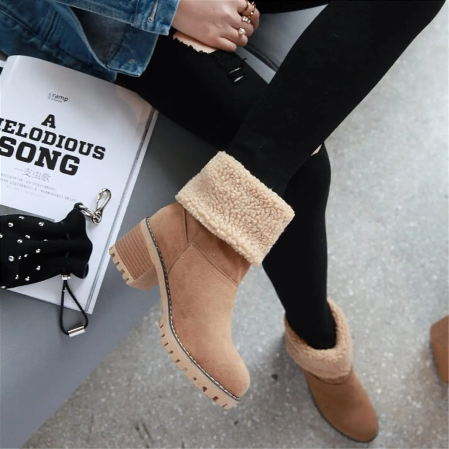 Ladmiple Snow Boots For Women Cute High Top Slip On Winter Warm Ankle Booties Fashion Fur Lined Outdoor Mid Calf Walking Shoe