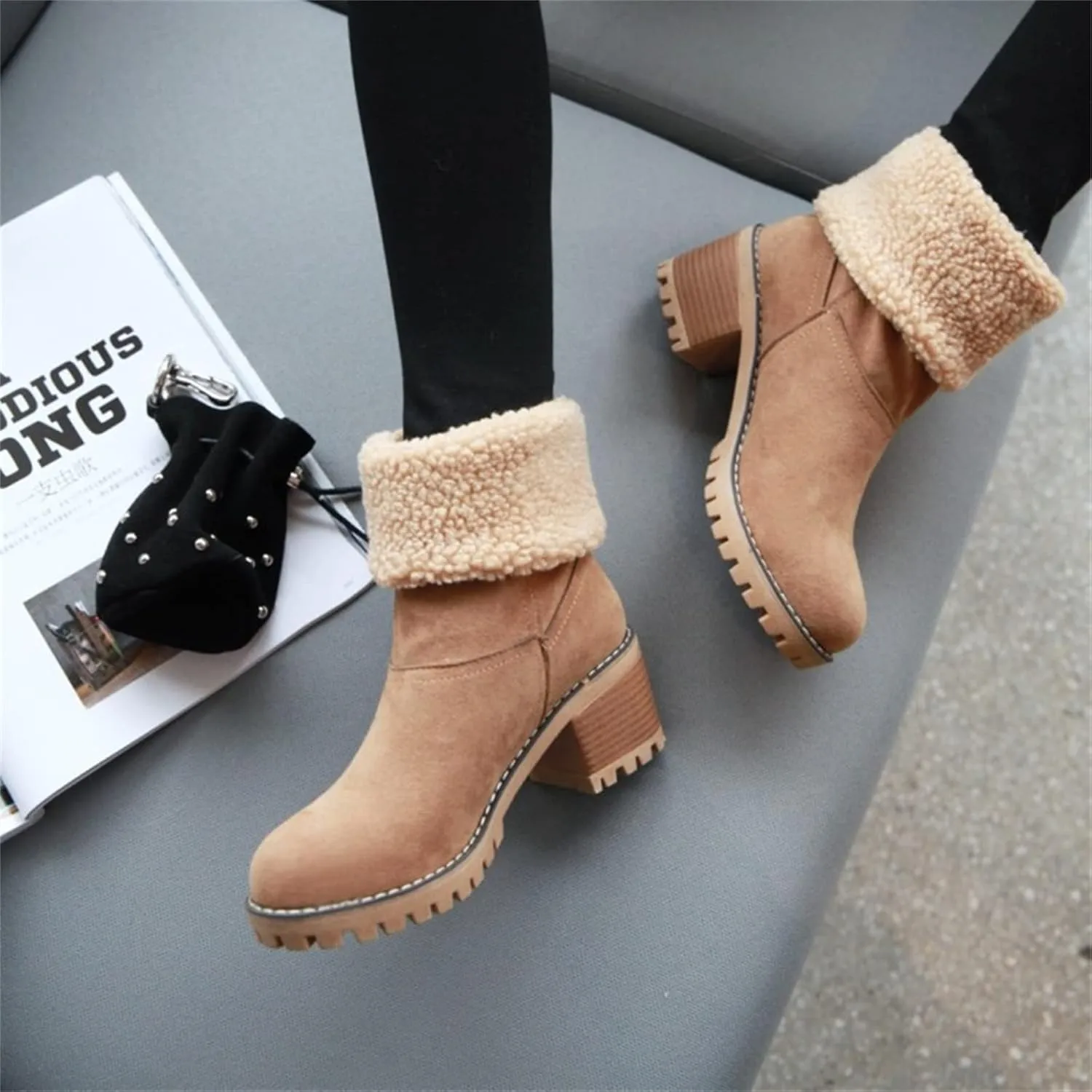 Ladmiple Snow Boots For Women Cute High Top Slip On Winter Warm Ankle Booties Fashion Fur Lined Outdoor Mid Calf Walking Shoe
