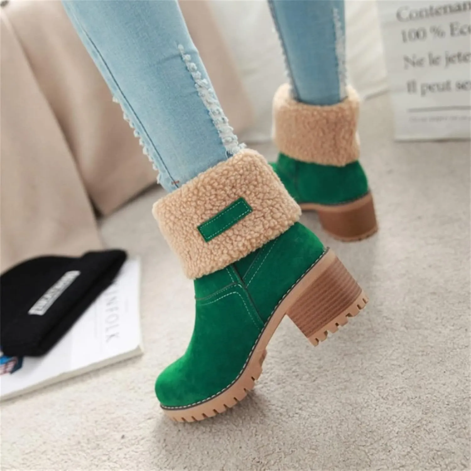 Ladmiple Snow Boots For Women Cute High Top Winter Warm Ankle Booties Fur Lined Anti-Slip Outdoor Slip On Mid Calf Warm Shoes