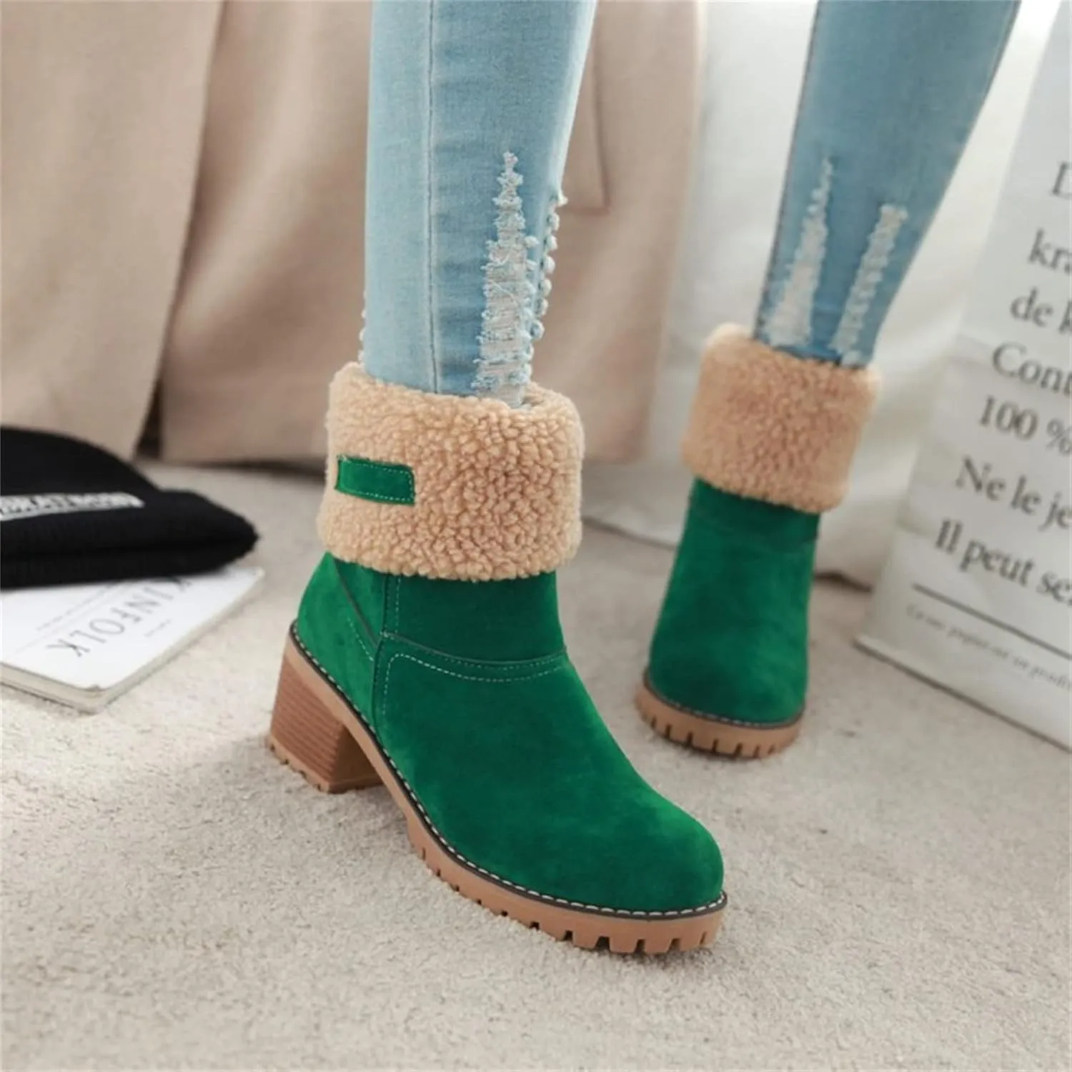 Ladmiple Snow Boots For Women Cute High Top Winter Warm Ankle Booties Fur Lined Anti-Slip Outdoor Slip On Mid Calf Warm Shoes
