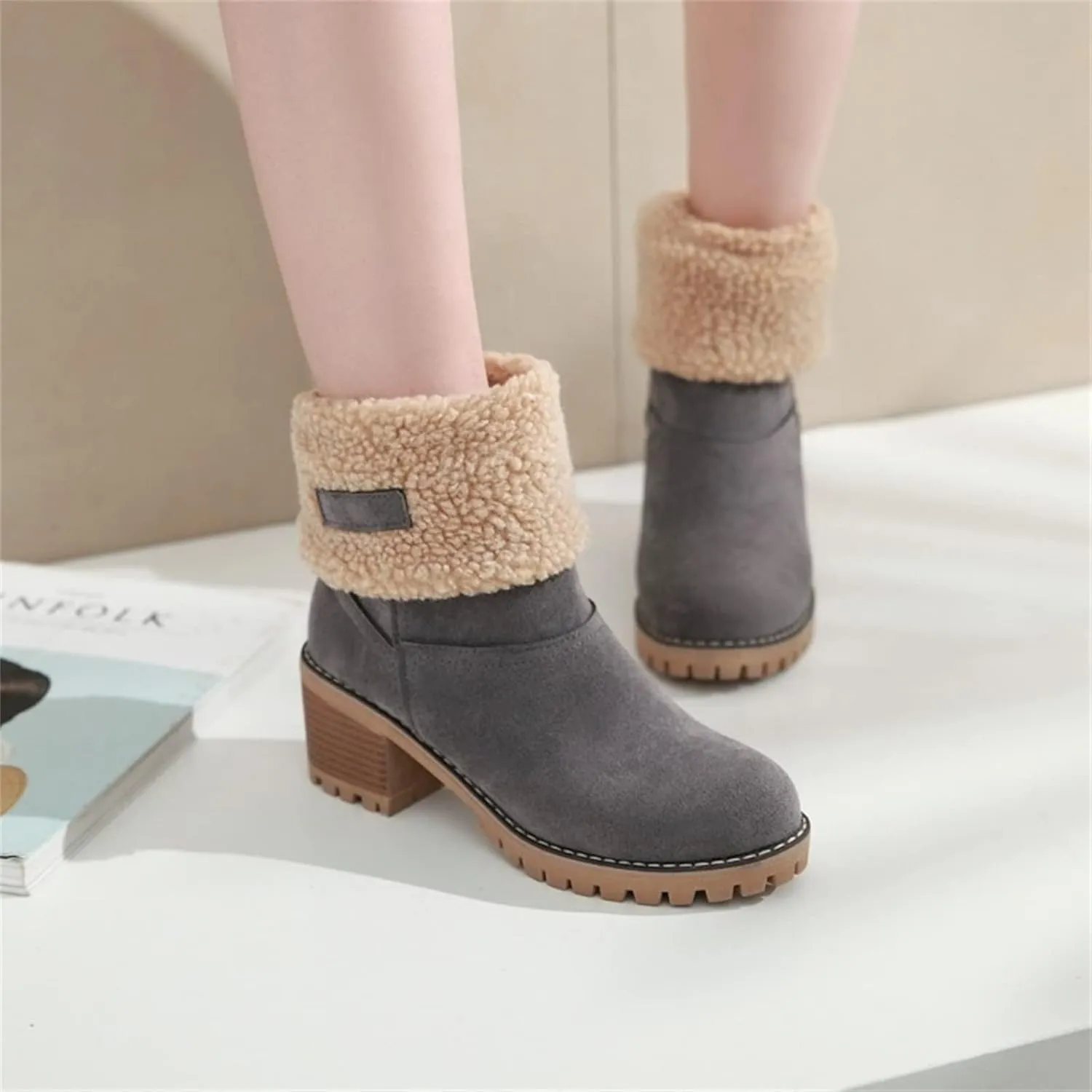 Ladmiple Snow Boots For Women Cute Tall Mid Calf Warm Fur Lined Winter Boots Outdoor Fashion Slip On Walking Ankle Booties
