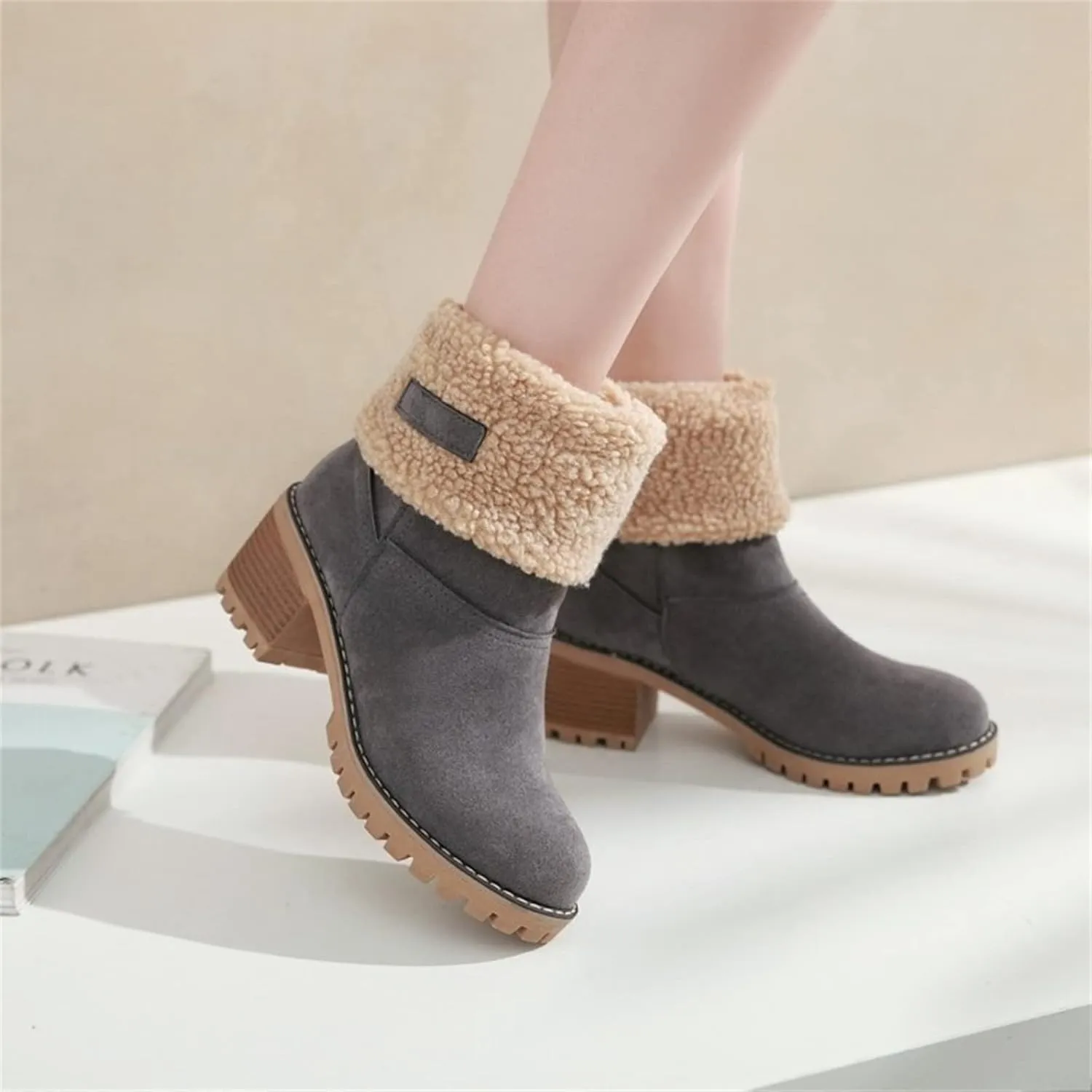 Ladmiple Snow Boots For Women Cute Tall Mid Calf Warm Fur Lined Winter Boots Outdoor Fashion Slip On Walking Ankle Booties