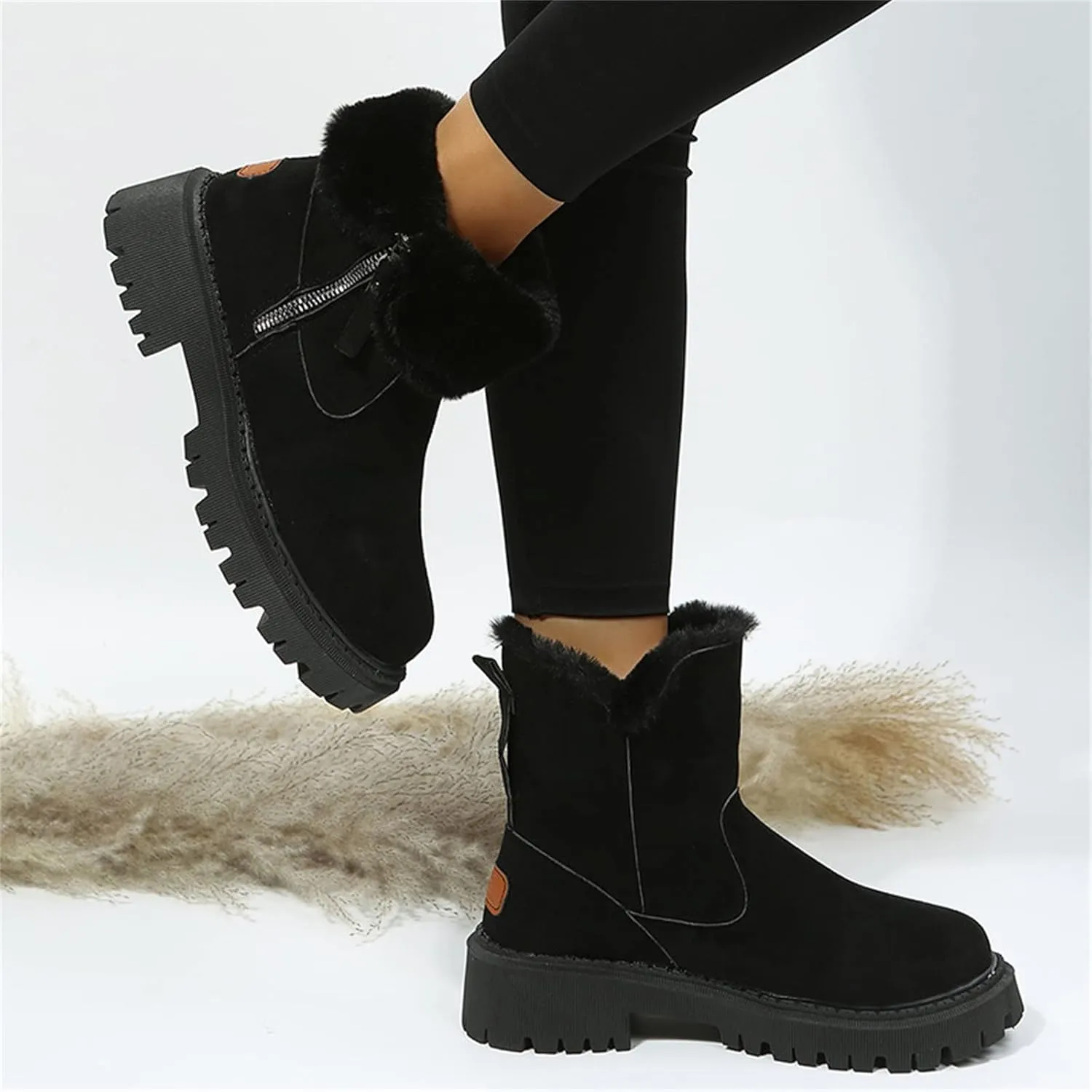 Ladmiple Snow Boots For Women Cute Tall Mid Calf Warm Fur Lined Winter Shoes Outdoor Slip On Fashion Walking Ankle Booties