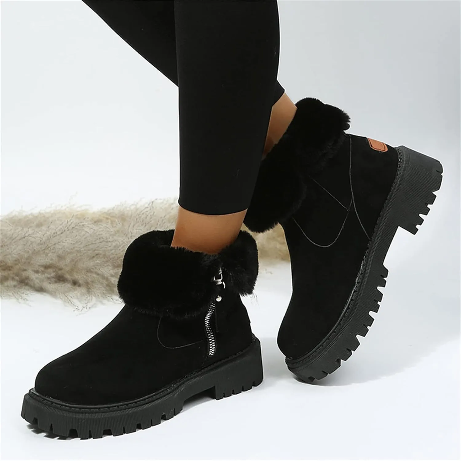 Ladmiple Snow Boots For Women Cute Tall Mid Calf Warm Fur Lined Winter Shoes Outdoor Slip On Fashion Walking Ankle Booties