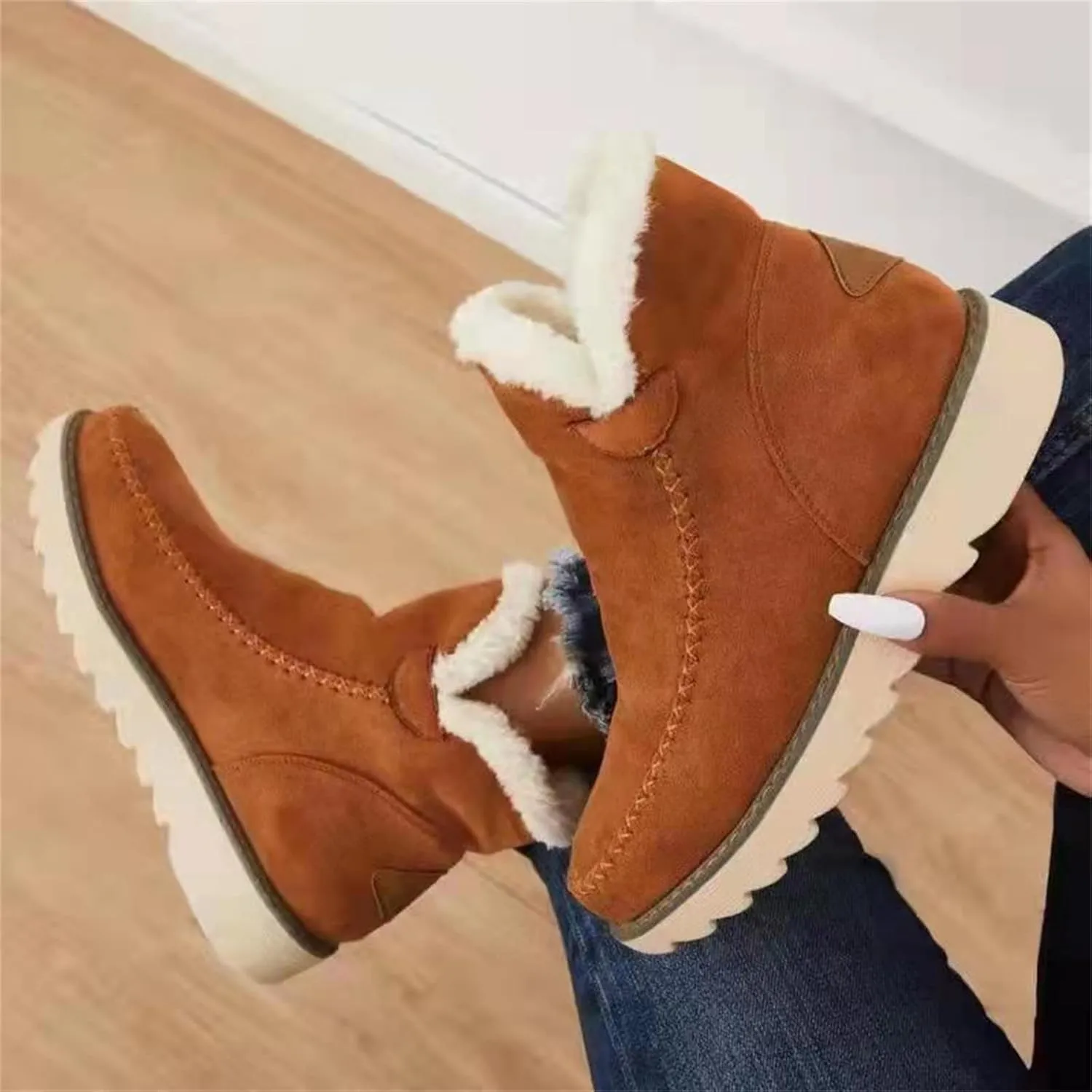 Ladmiple Snow Boots For Women Wide Faux Fur Lined Warm Winter Ankle Boots Outdoor Short Booties Fashion Slip On Walking Shoes