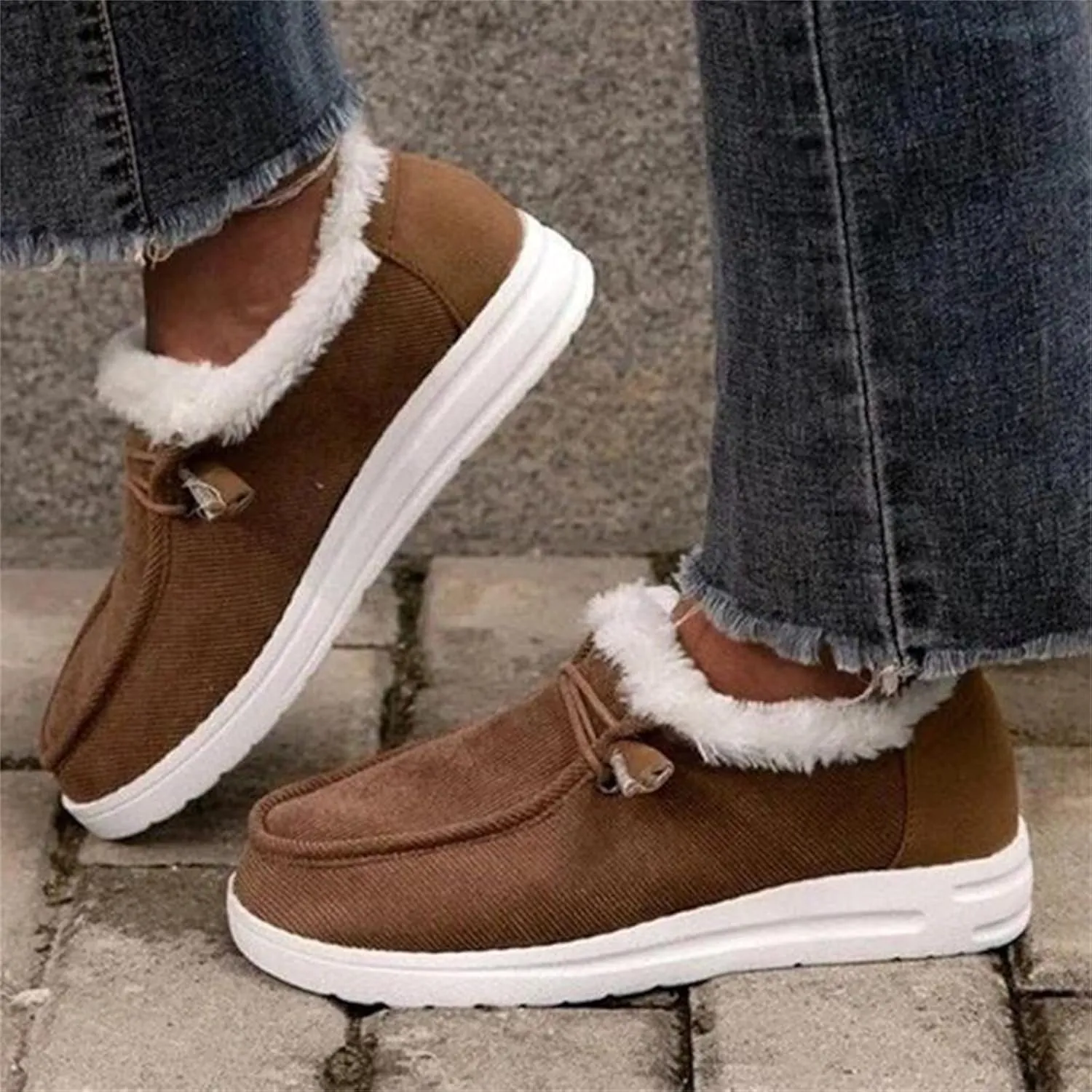 Lausiuoe Snow Boots For Women Cute Wide Calf Ankle Booties Slip On Comfort Winter Fuzzy Fashion Casual Walking Shoes Loafers
