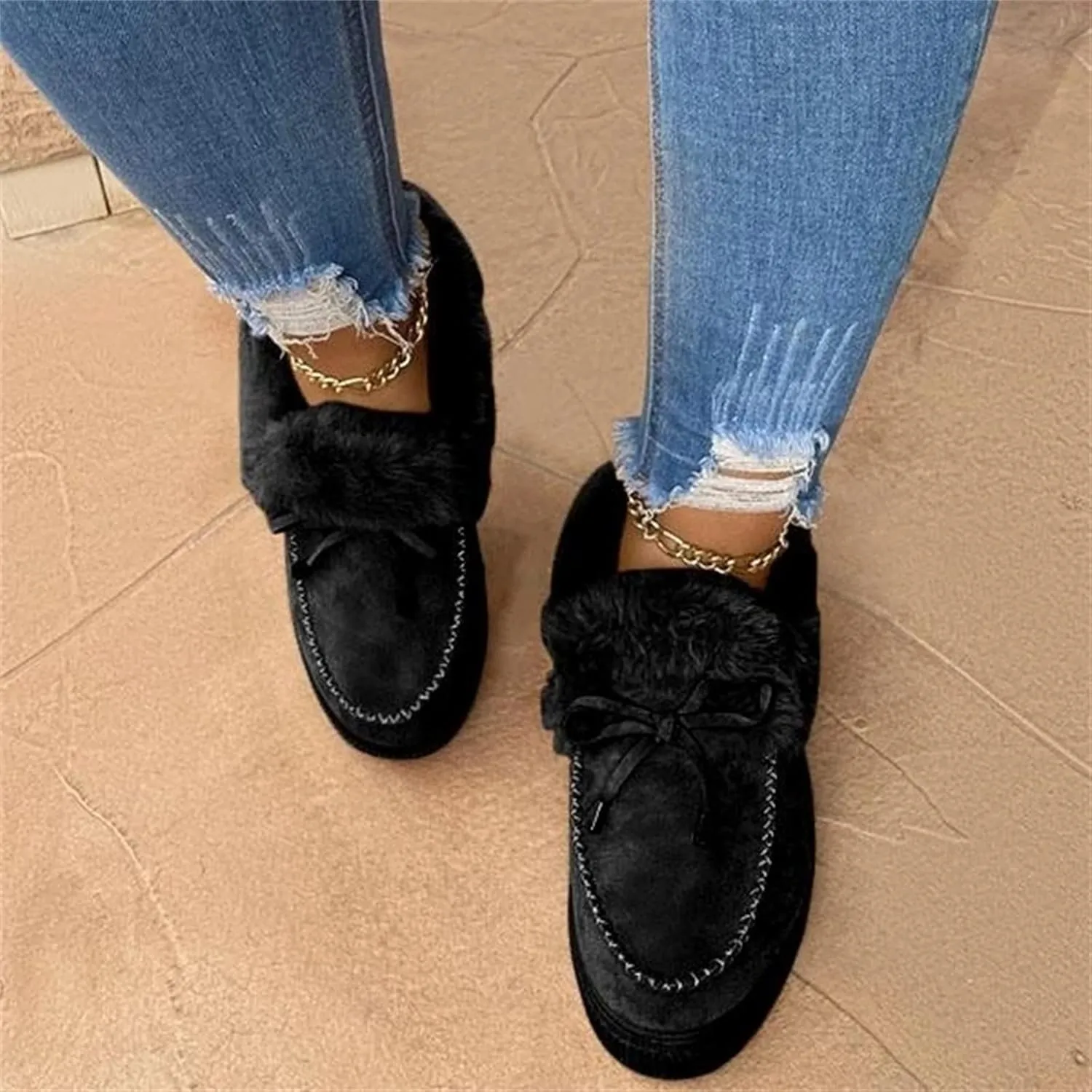 Lausiuoe Snow Boots For Women Wide Width Fuzzy Ankle Bootie Winter Warm Fluffy Silp On Comfortable Casual Fashion Loafers