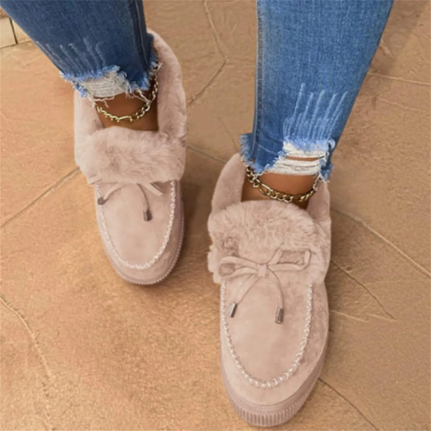 Lausiuoe Snow Boots For Women Wide Width Fuzzy Ankle Bootie Winter Warm Fluffy Silp On Comfortable Casual Fashion Loafers