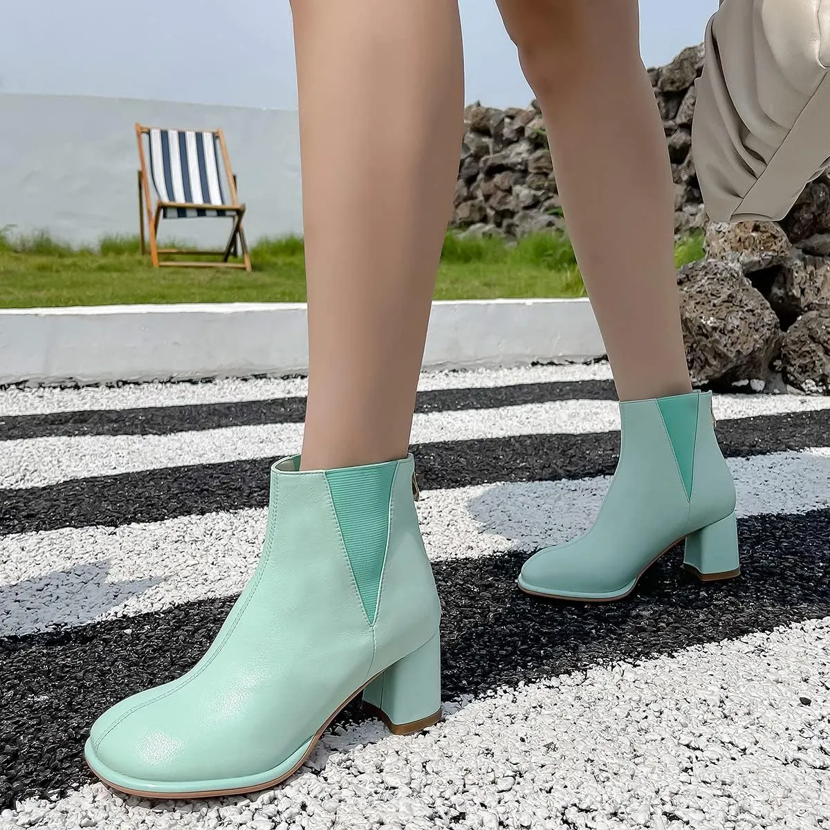 LEHOOR Womens Comfortable Low Chunky Block Heel Chelsea Boots Back Zipper Round Closed Toe Mid Thick Heels Elastic Chelsea Ankle Booties Matte Leather Zip Up Fall Winter Boots Dressy 4-11 M US