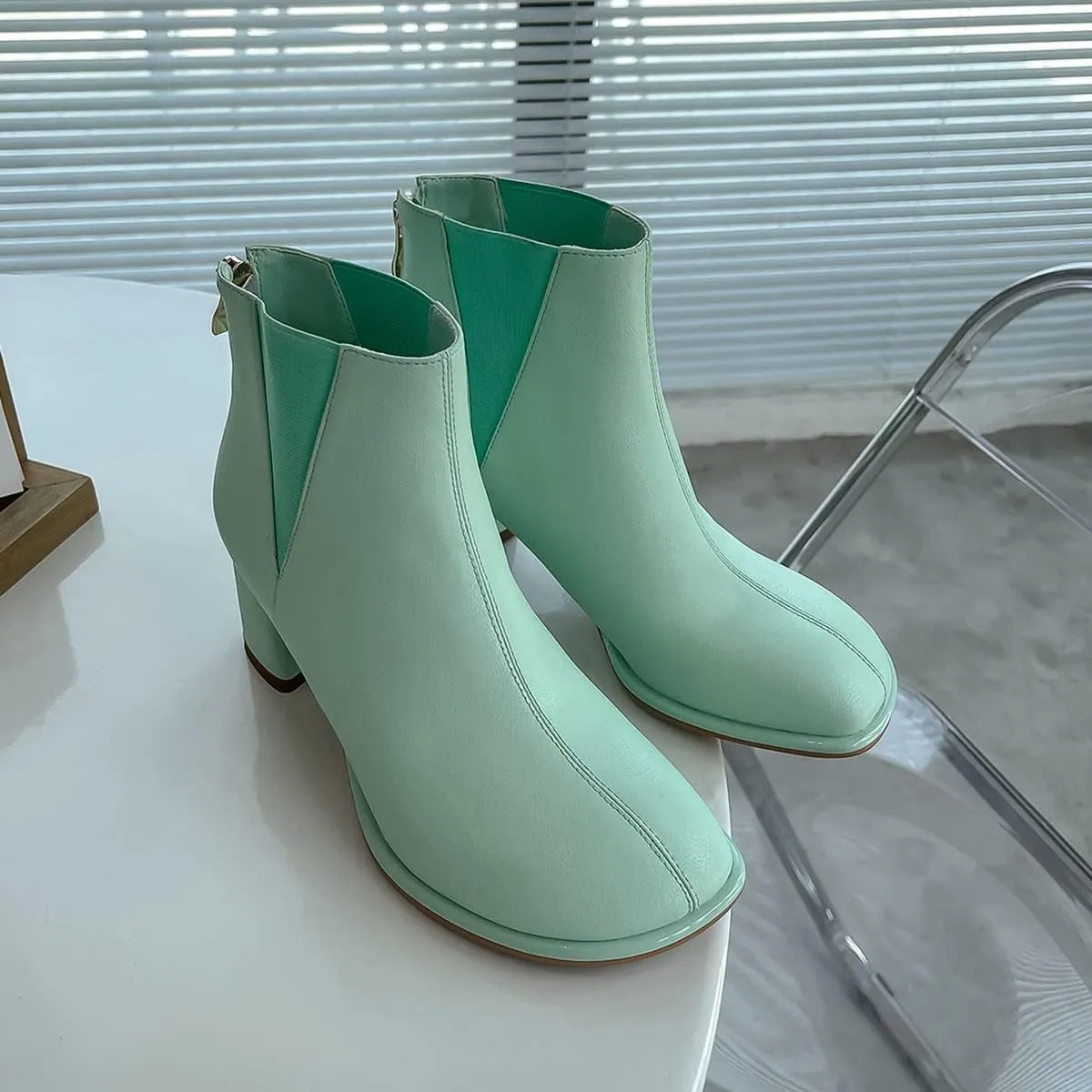 LEHOOR Womens Comfortable Low Chunky Block Heel Chelsea Boots Back Zipper Round Closed Toe Mid Thick Heels Elastic Chelsea Ankle Booties Matte Leather Zip Up Fall Winter Boots Dressy 4-11 M US