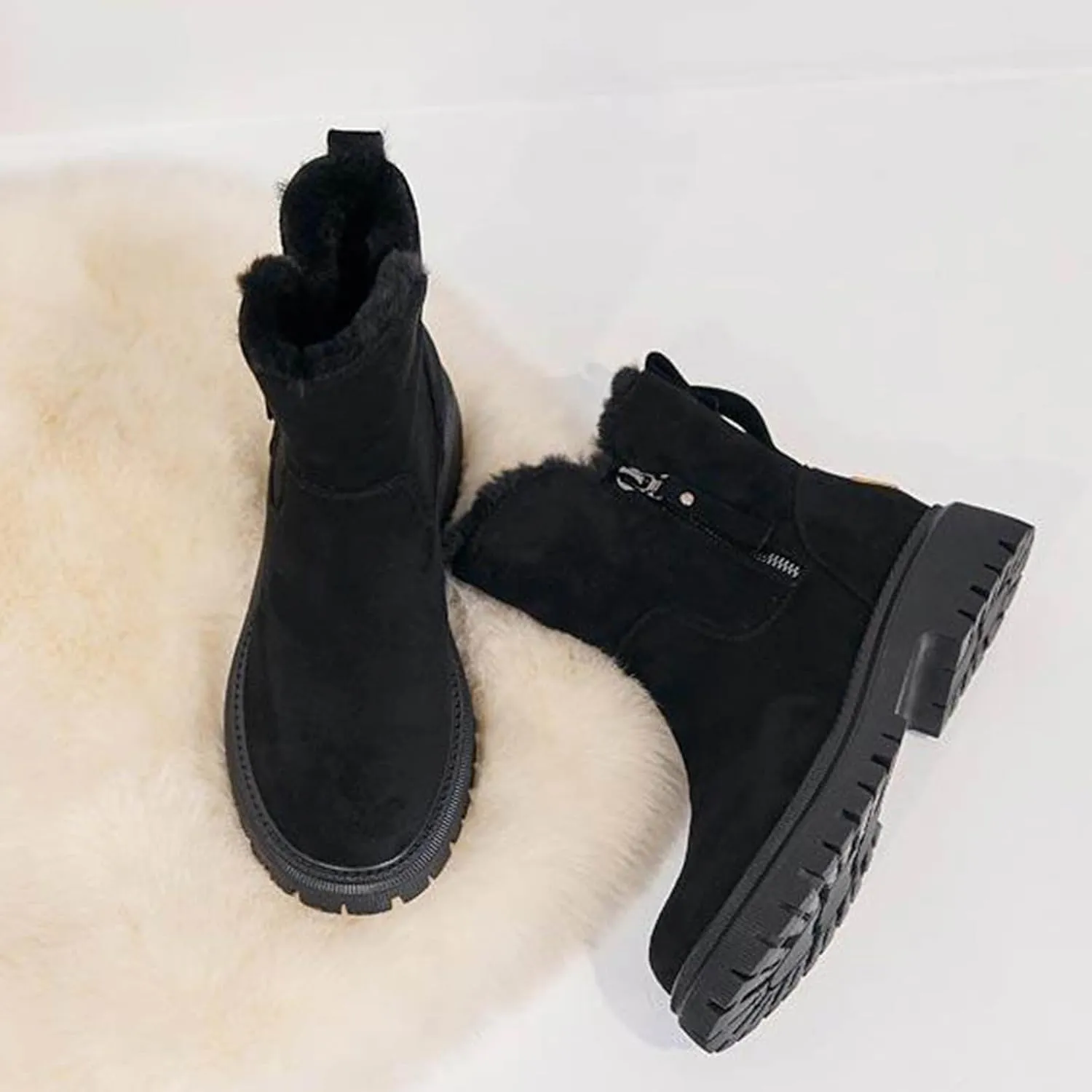 Lug Sole Ankle Boots for Women Fur Lined Snow Booties Zipper Walking Boot Winter Warm Platform Chelsea Bootie Shoes