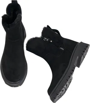 Lug Sole Ankle Boots for Women Fur Lined Snow Booties Zipper Walking Boot Winter Warm Platform Chelsea Bootie Shoes
