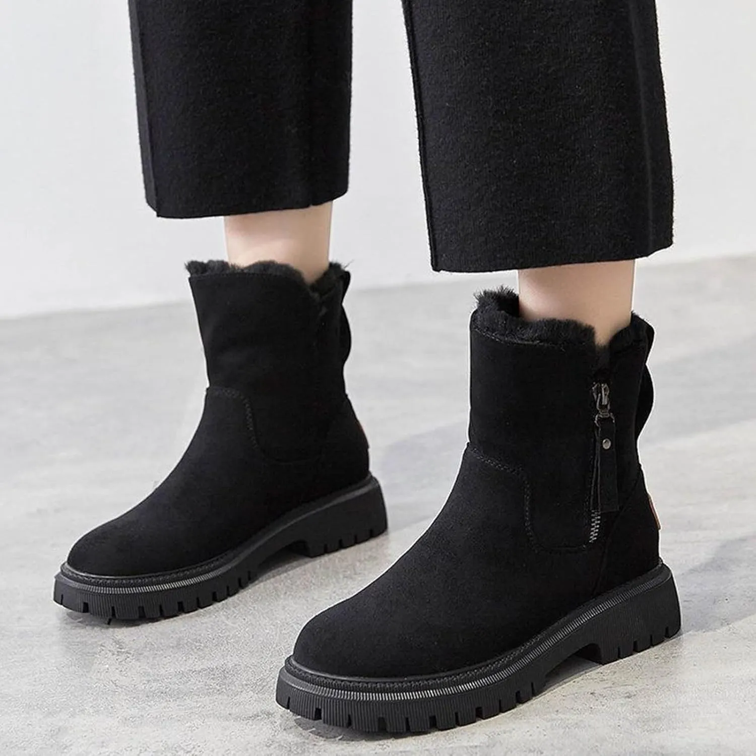 Lug Sole Ankle Boots for Women Fur Lined Snow Booties Zipper Walking Boot Winter Warm Platform Chelsea Bootie Shoes