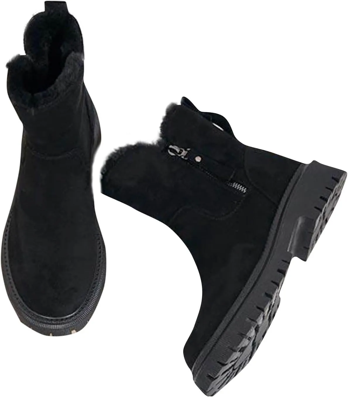 Lug Sole Ankle Boots for Women Fur Lined Snow Booties Zipper Walking Boot Winter Warm Platform Chelsea Bootie Shoes