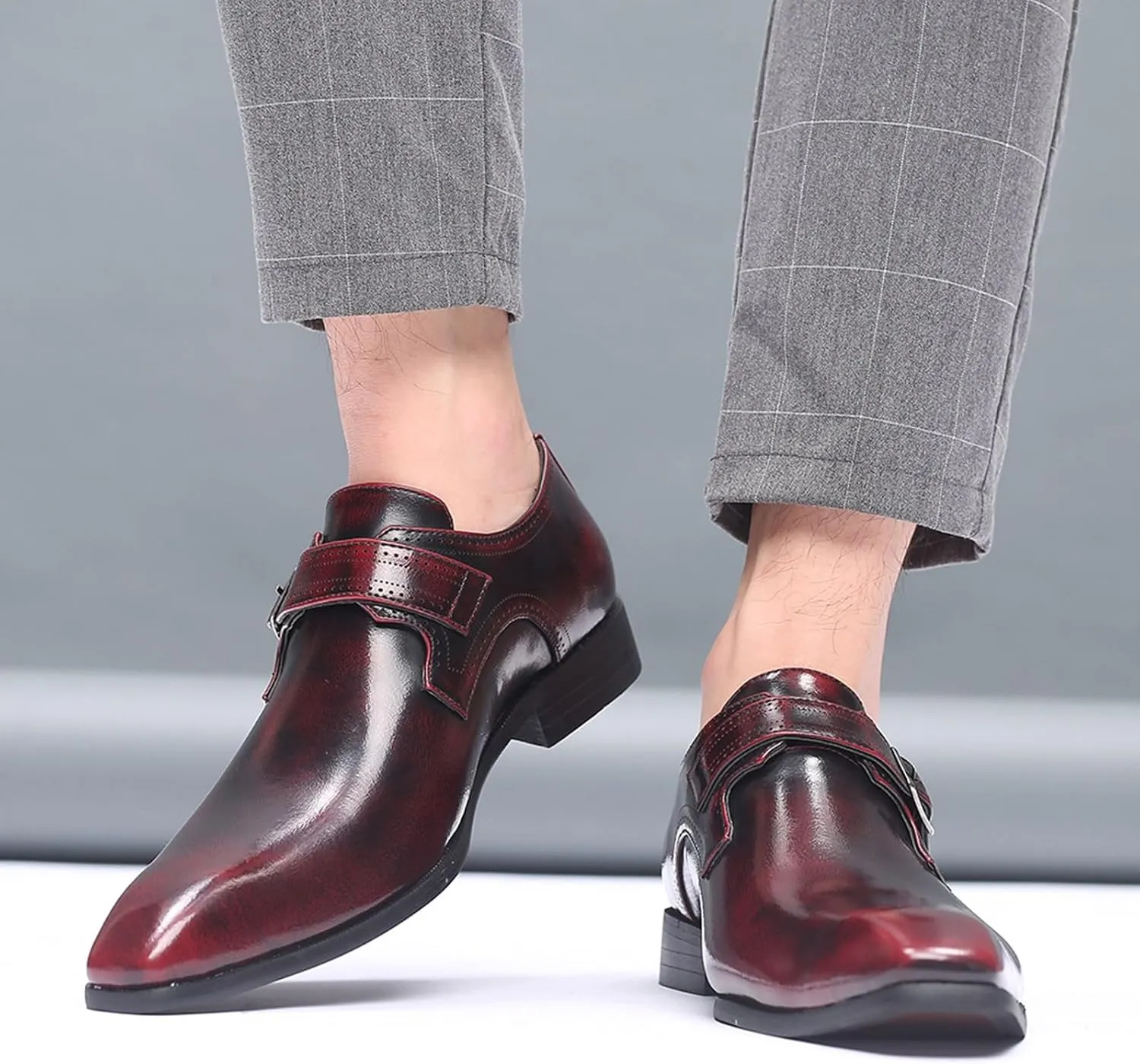 Men's Fashion Pointed Toe British Buckle Low Heeled Leather Shoes Large Size Slippers Business Leather Mens Prom Shoes Men's
