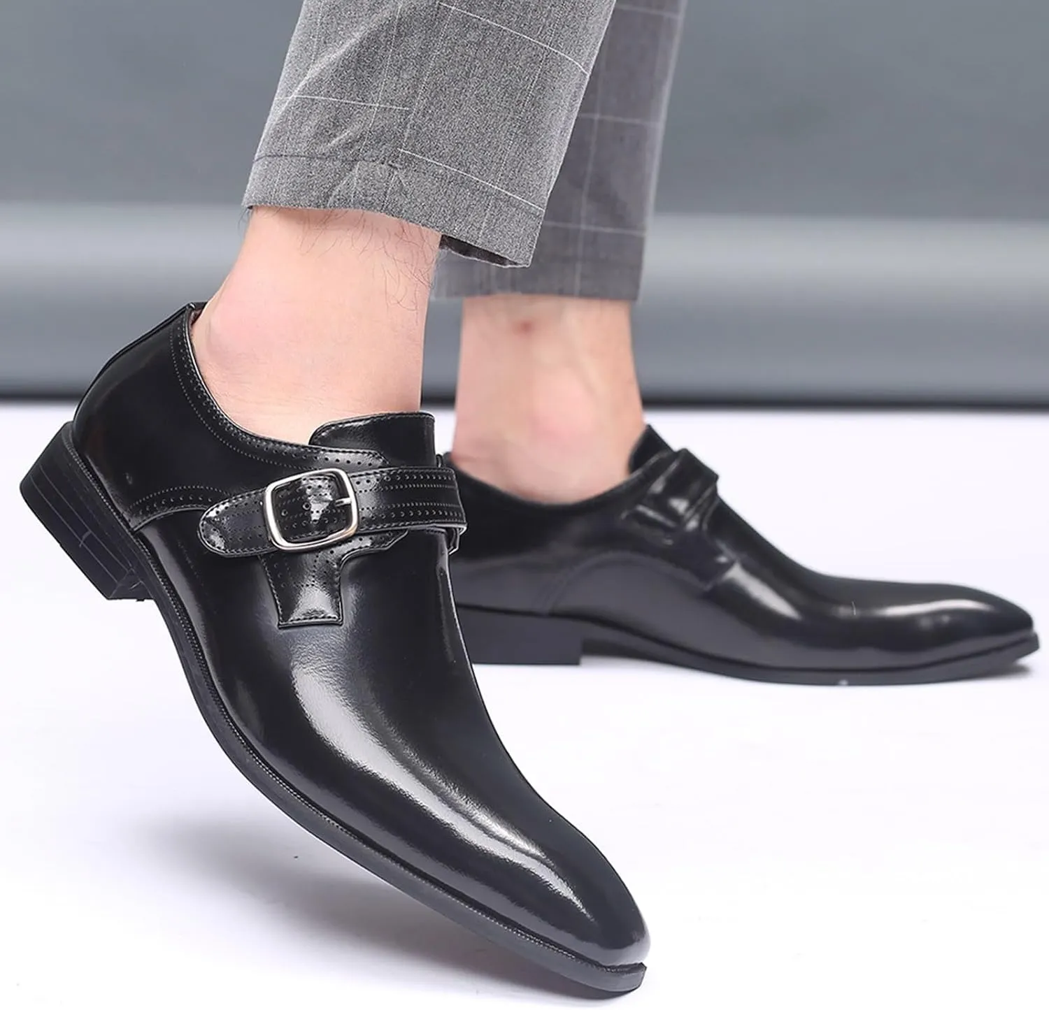 Men's Fashion Pointed Toe British Buckle Low Heeled Leather Shoes Large Size Slippers Business Leather Mens Prom Shoes Men's