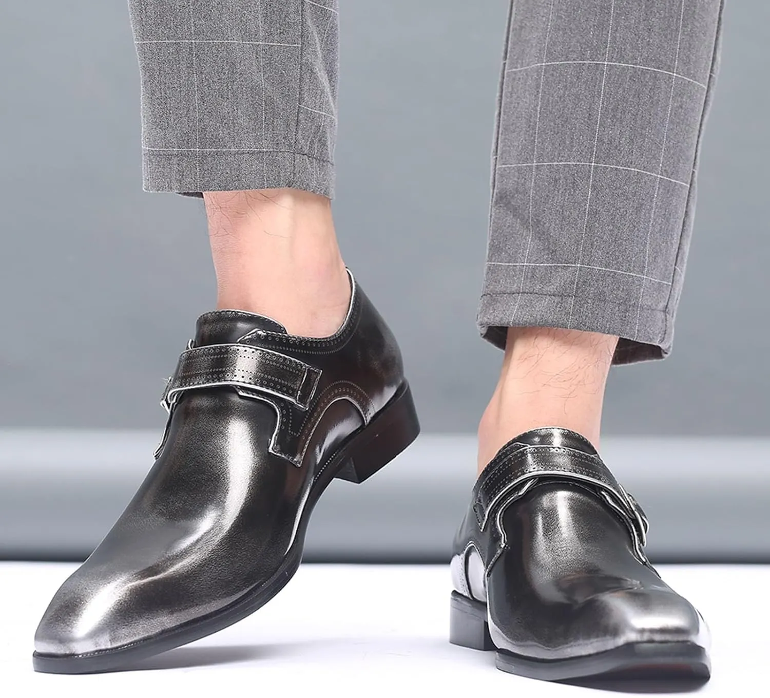 Men's Fashion Pointed Toe British Buckle Low Heeled Leather Shoes Large Size Slippers Business Leather Mens Prom Shoes Men's