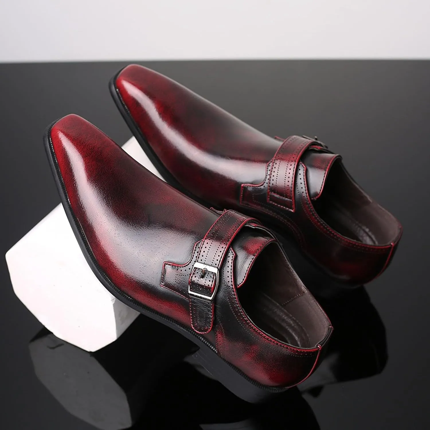Men's Fashion Pointed Toe British Buckle Low Heeled Leather Shoes Large Size Slippers Business Leather Mens Prom Shoes Men's
