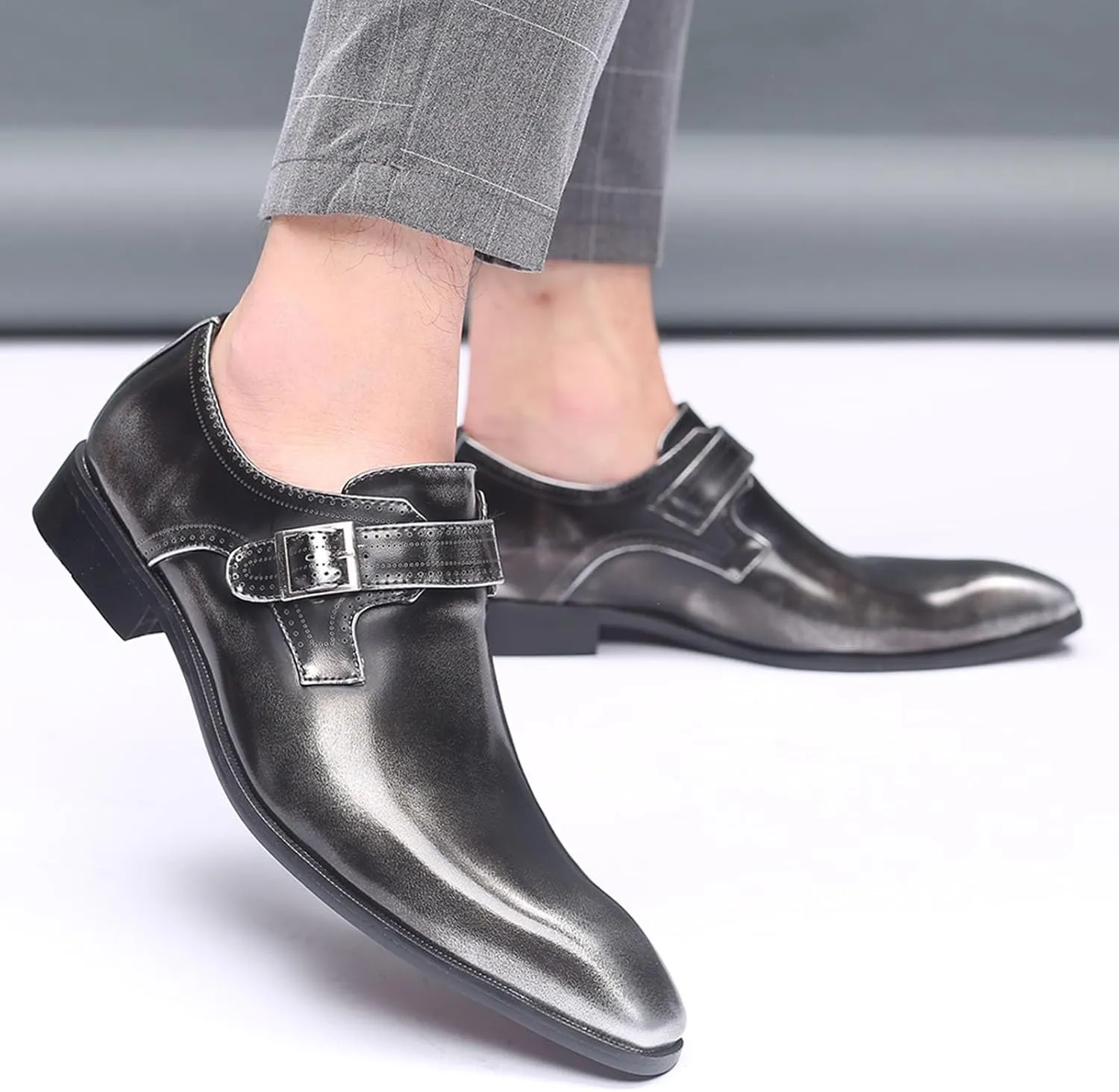 Men's Fashion Pointed Toe British Buckle Low Heeled Leather Shoes Large Size Slippers Business Leather Mens Prom Shoes Men's