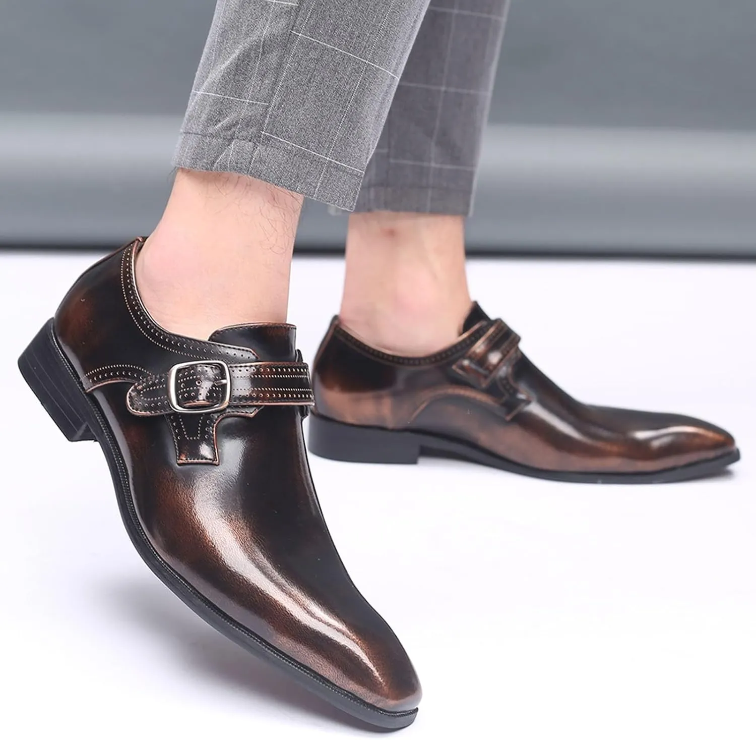 Men's Fashion Pointed Toe British Buckle Low Heeled Leather Shoes Large Size Slippers Business Leather Mens Prom Shoes Men's