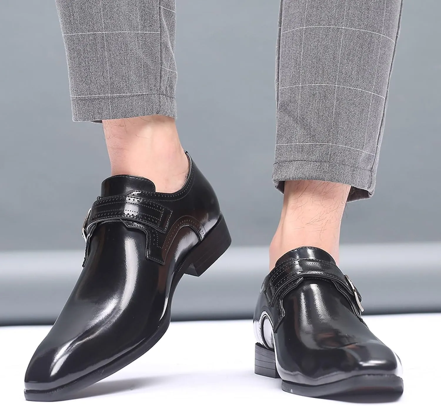 Men's Fashion Pointed Toe British Buckle Low Heeled Leather Shoes Large Size Slippers Business Leather Mens Prom Shoes Men's