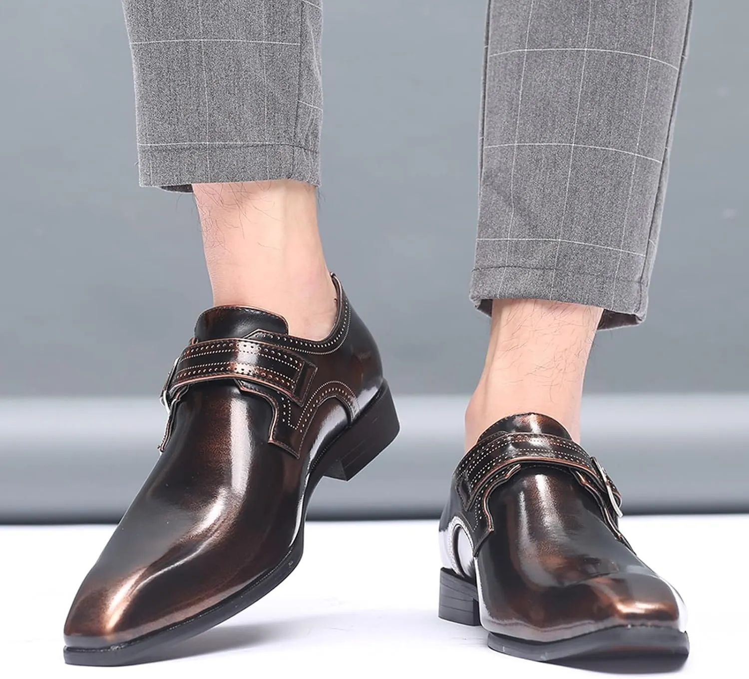 Men's Fashion Pointed Toe British Buckle Low Heeled Leather Shoes Large Size Slippers Business Leather Mens Prom Shoes Men's
