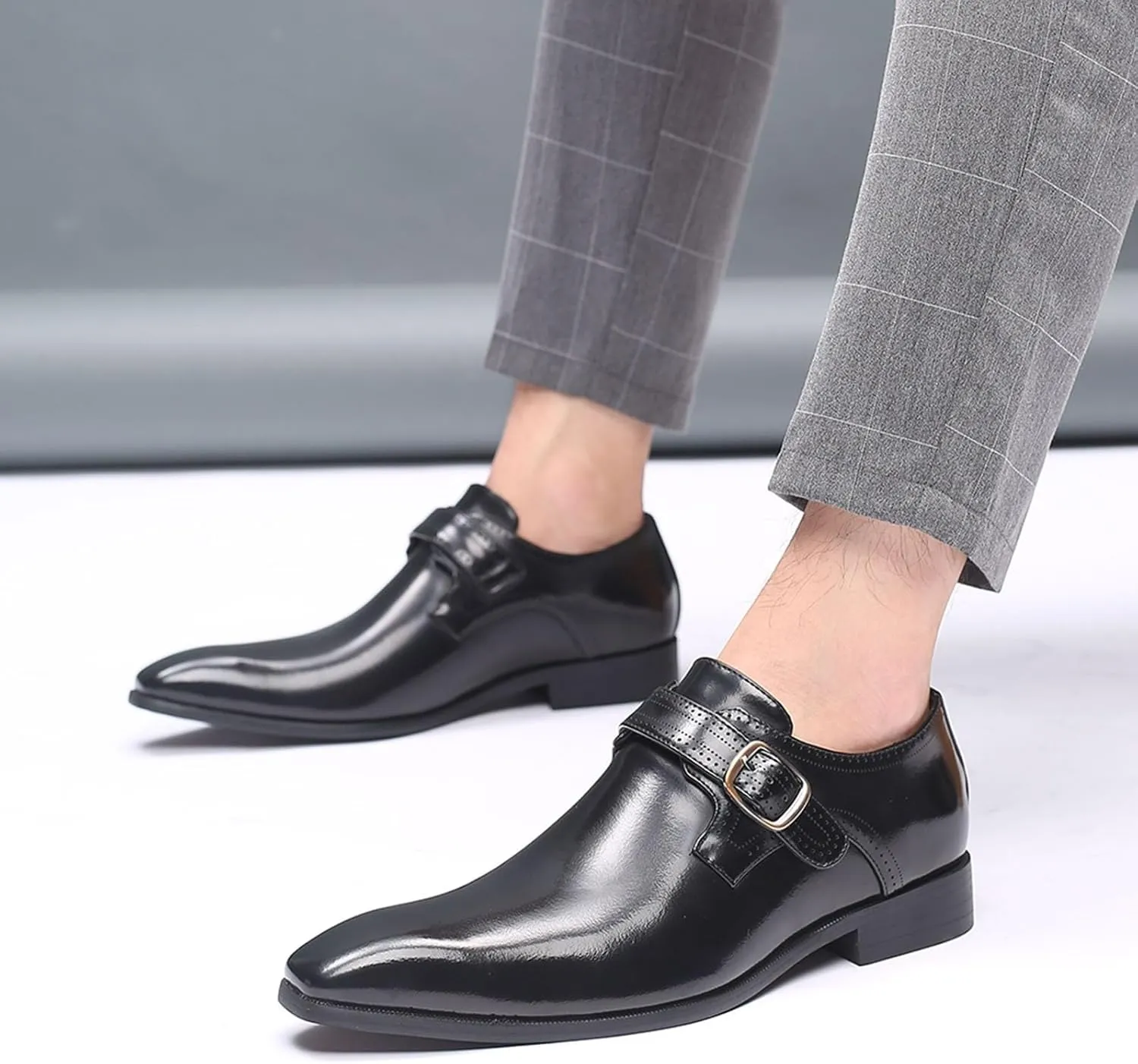 Men's Fashion Pointed Toe British Buckle Low Heeled Leather Shoes Large Size Slippers Business Leather Mens Prom Shoes Men's