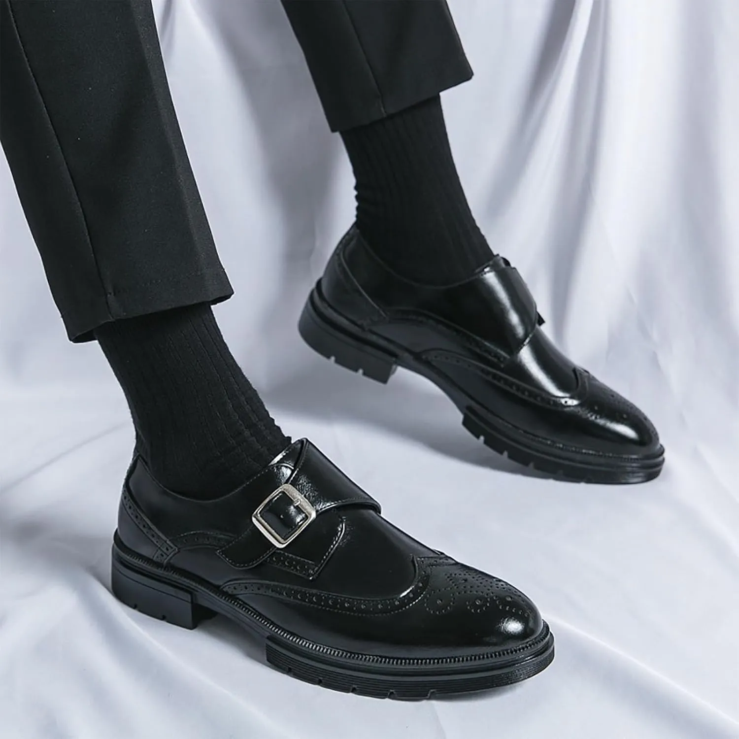 Men's Leather Business Thick Soled Casual Shoes, Height Increasing Wear-Resistant Fashionable Casual Leather Business Fashion DressWalking Shoes