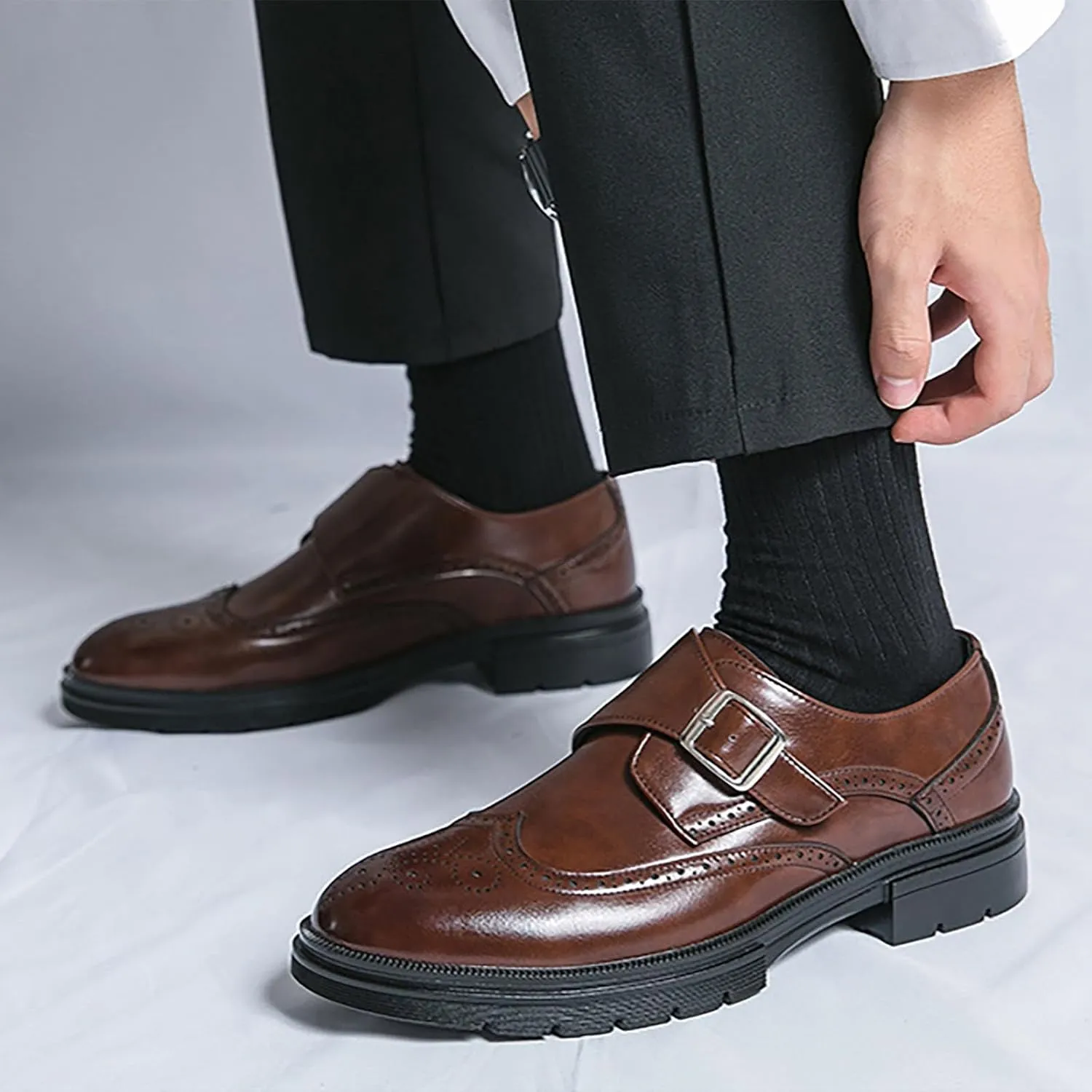 Men's Leather Business Thick Soled Casual Shoes, Height Increasing Wear-Resistant Fashionable Casual Leather Business Fashion DressWalking Shoes