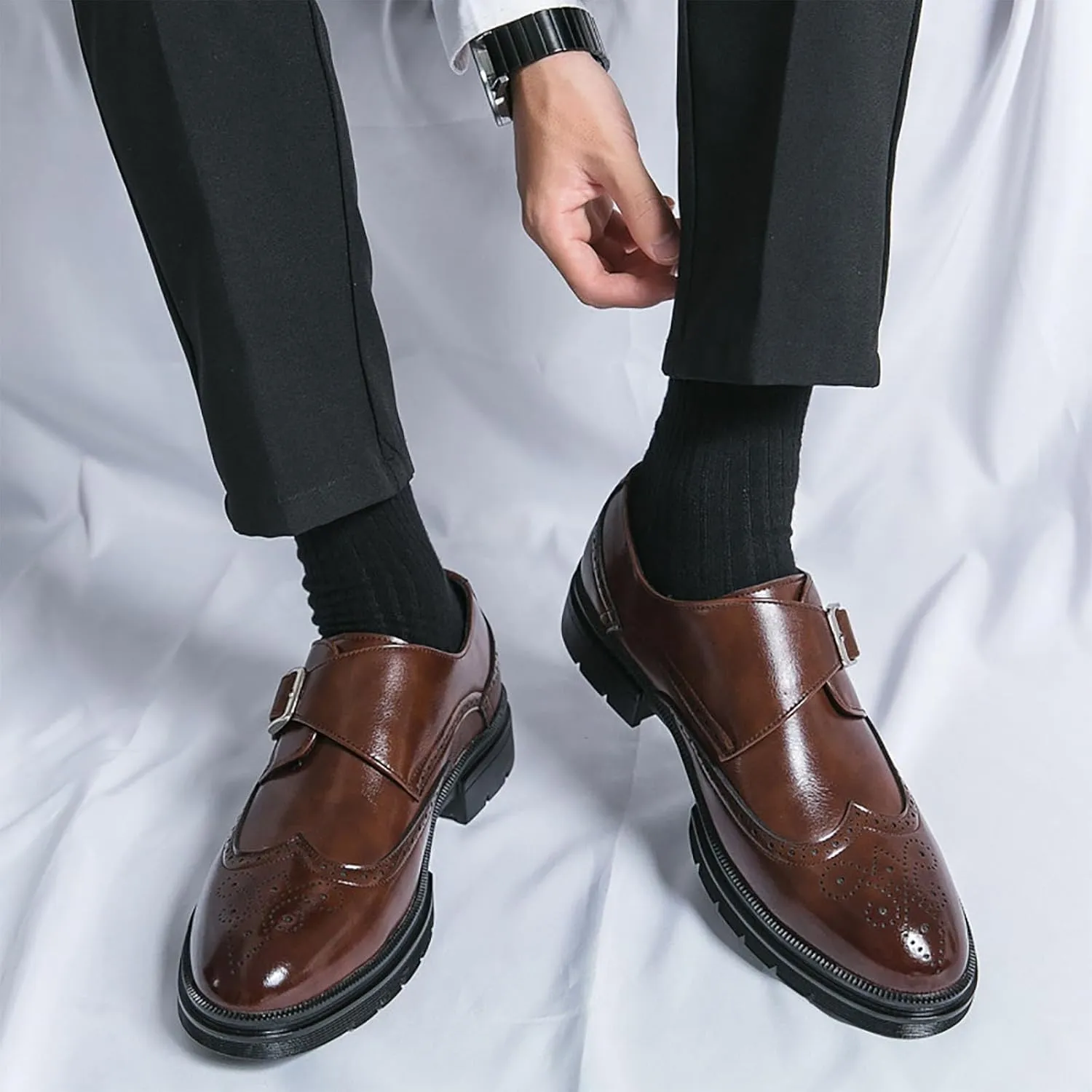 Men's Leather Business Thick Soled Casual Shoes, Height Increasing Wear-Resistant Fashionable Casual Leather Business Fashion DressWalking Shoes