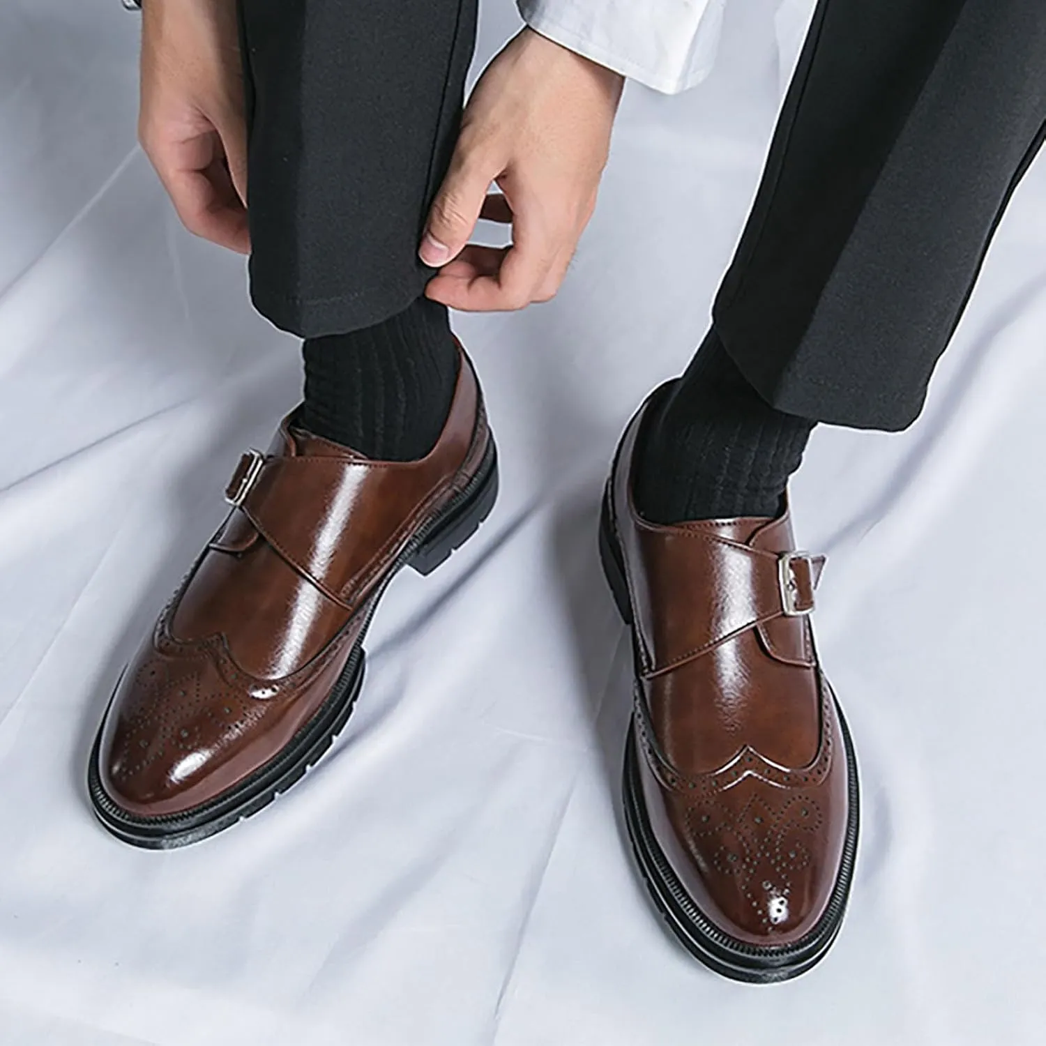 Men's Leather Business Thick Soled Casual Shoes, Height Increasing Wear-Resistant Fashionable Casual Leather Business Fashion DressWalking Shoes