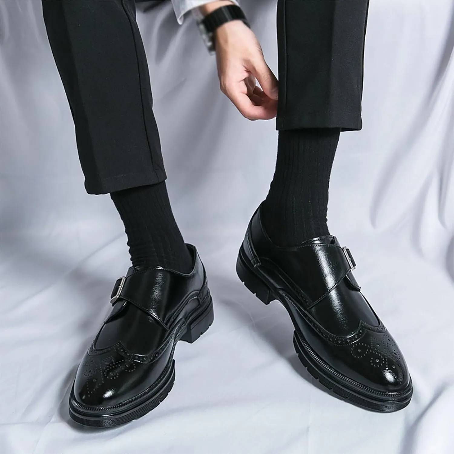 Men's Leather Business Thick Soled Casual Shoes, Height Increasing Wear-Resistant Fashionable Casual Leather Business Fashion DressWalking Shoes