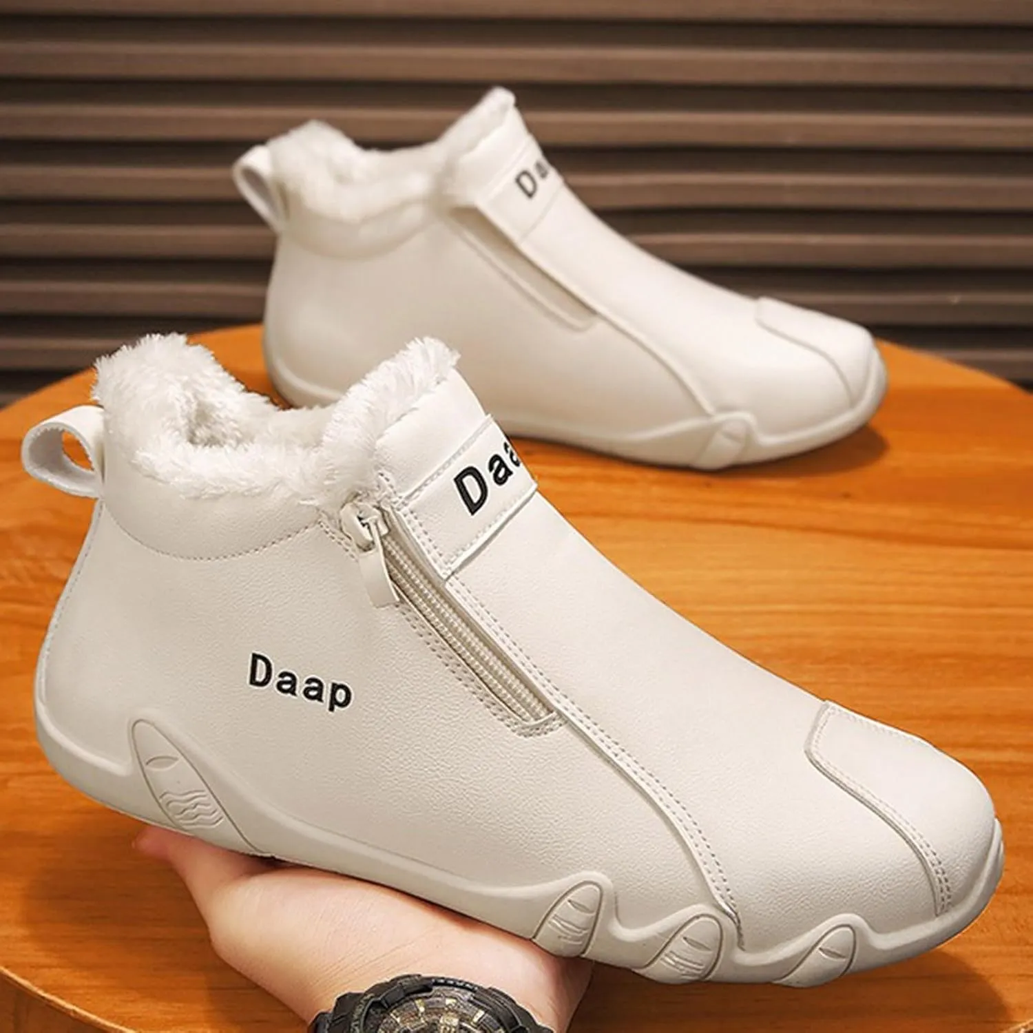 Men's Leather Furry Boots Fleece Lined Warm Winter Boots Water Proof Insulated Soft Flat Soled Mid Work Men