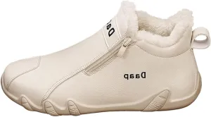 Men's Leather Furry Boots Fleece Lined Warm Winter Boots Water Proof Insulated Soft Flat Soled Mid Work Men