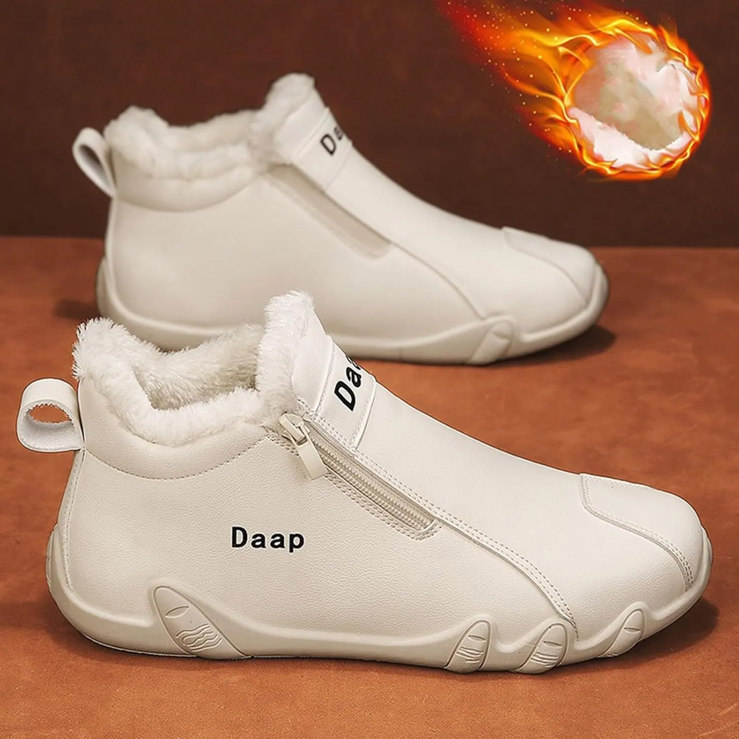 Men's Leather Furry Boots Fleece Lined Warm Winter Boots Water Proof Insulated Soft Flat Soled Mid Work Men